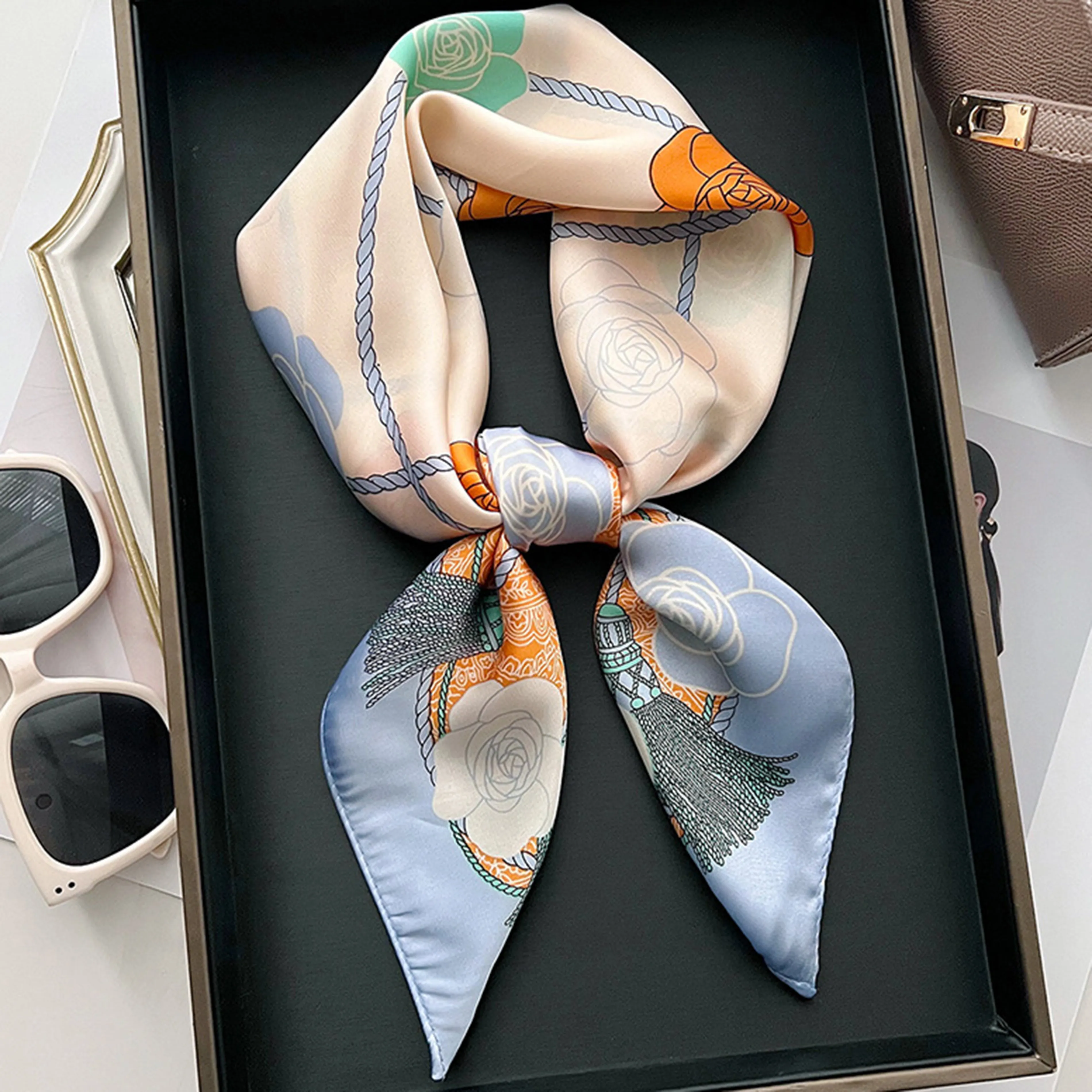 Anna-Kaci Women's Silky Square Scarf with Floral and Rope Print for Neck Hair or Bag Accessory sold by Anna-Kaci product image thumbnail 5