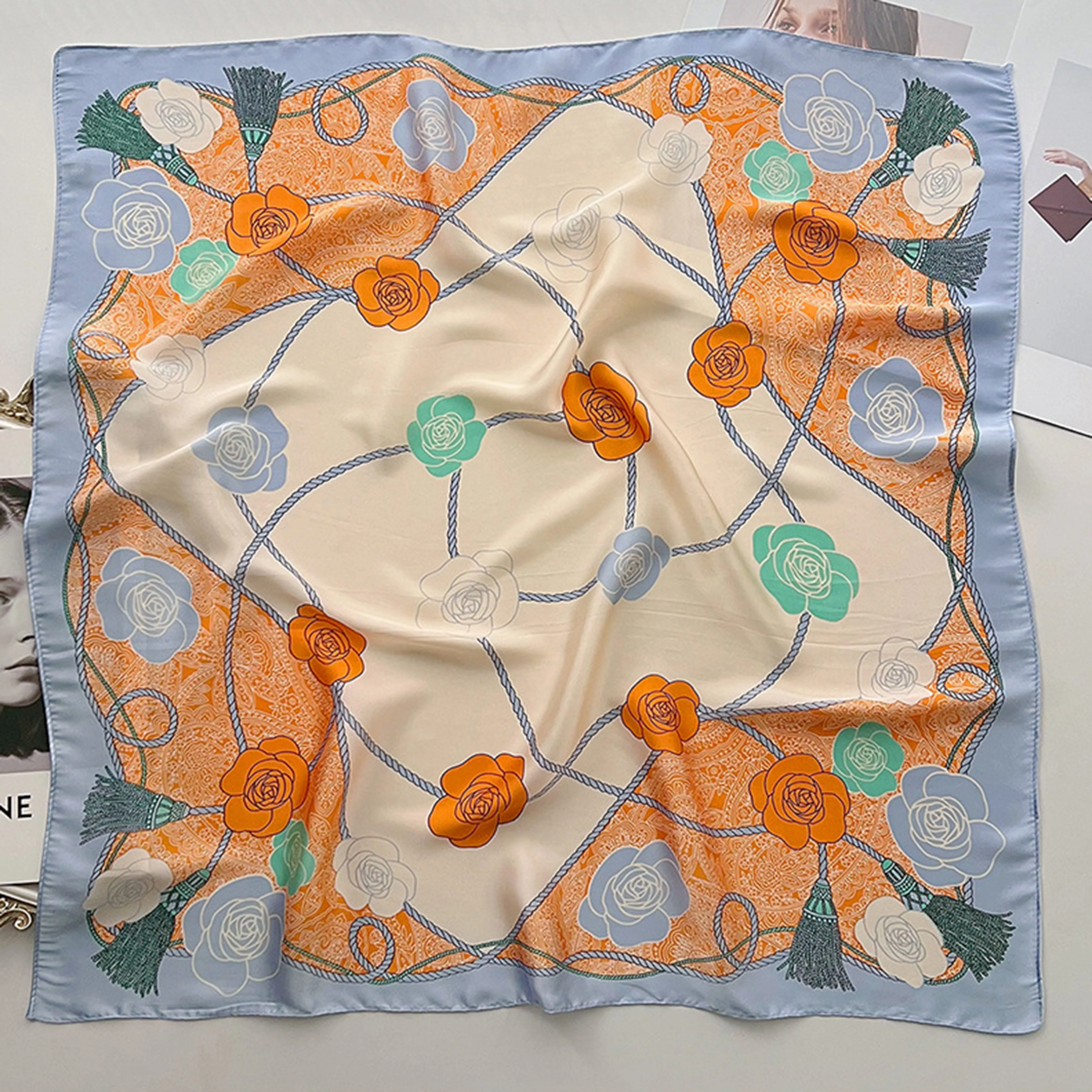 Anna-Kaci Women's Silky Square Scarf with Floral and Rope Print for Neck Hair or Bag Accessory sold by Anna-Kaci product image thumbnail 2