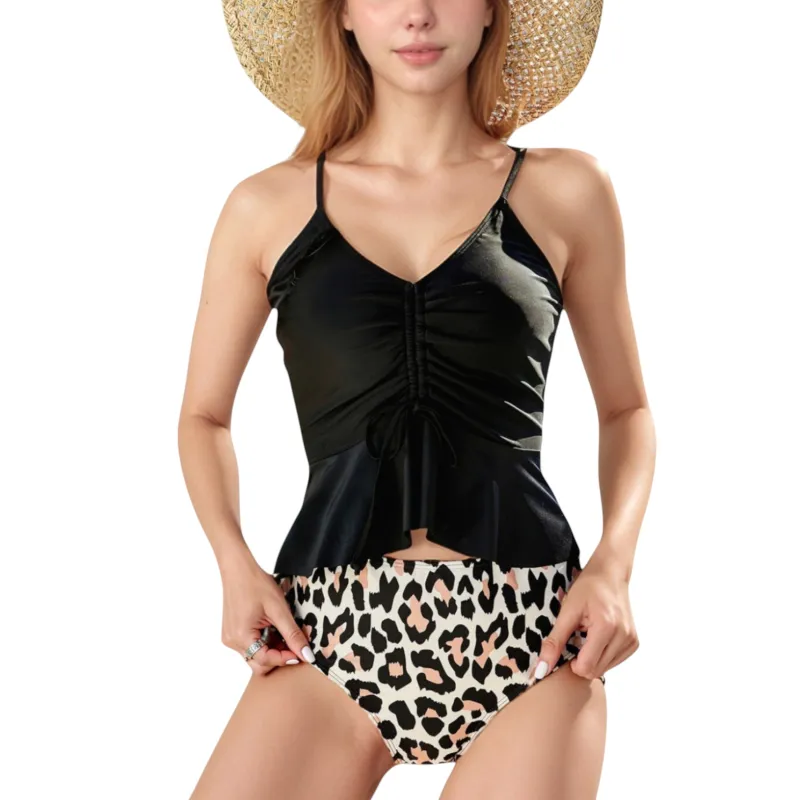 Anna-Kaci Swim Women's Ruched Tankini Top with Adjustable Drawstring and Leopard High Waist Bottoms for a Chic and Confident Swim Look sold by Anna-Kaci