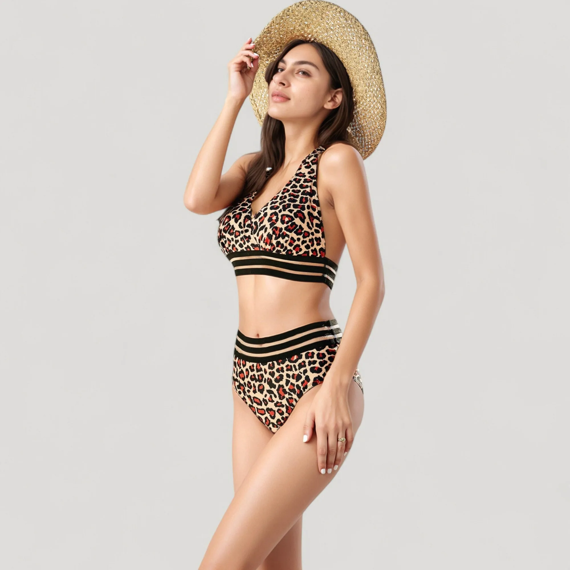 Anna-Kaci Swim Women's Leopard Print Bikini Set with Striped Elastic Halter Top and High Waist Bottoms for a Sporty Wild Look sold by Anna-Kaci product image thumbnail 3