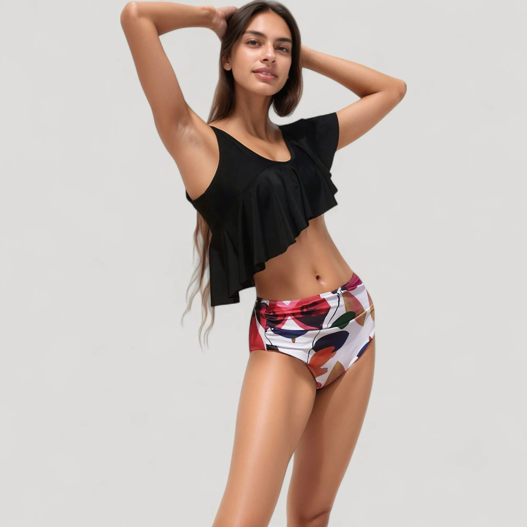 Anna-Kaci Swim Women's One Shoulder Ruffle Bikini Top with High Waist Abstract Print Bottom for a Bold and Flattering Swim Look sold by Anna-Kaci product image thumbnail 4