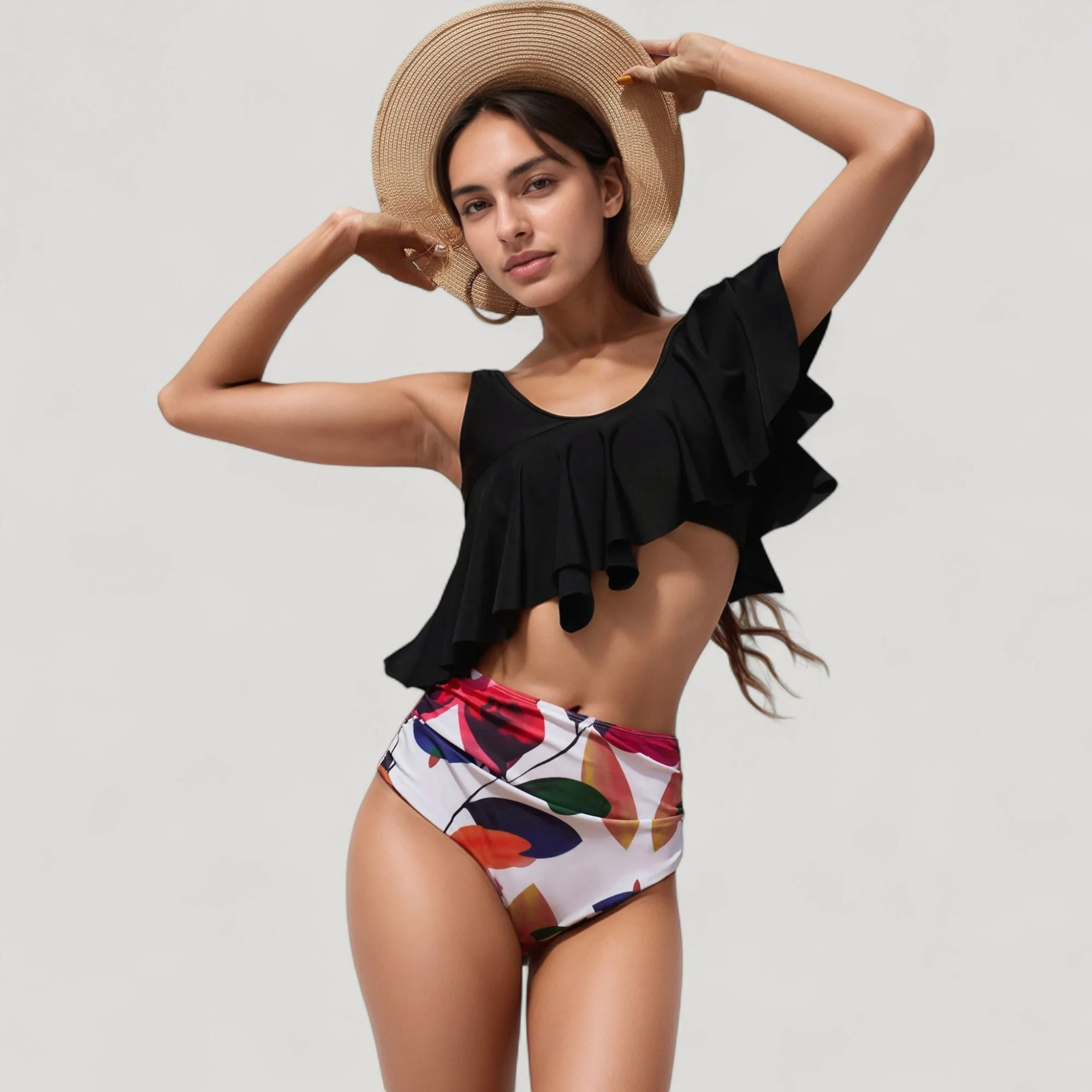 Anna-Kaci Swim Women's One Shoulder Ruffle Bikini Top with High Waist Abstract Print Bottom for a Bold and Flattering Swim Look sold by Anna-Kaci product image thumbnail 2