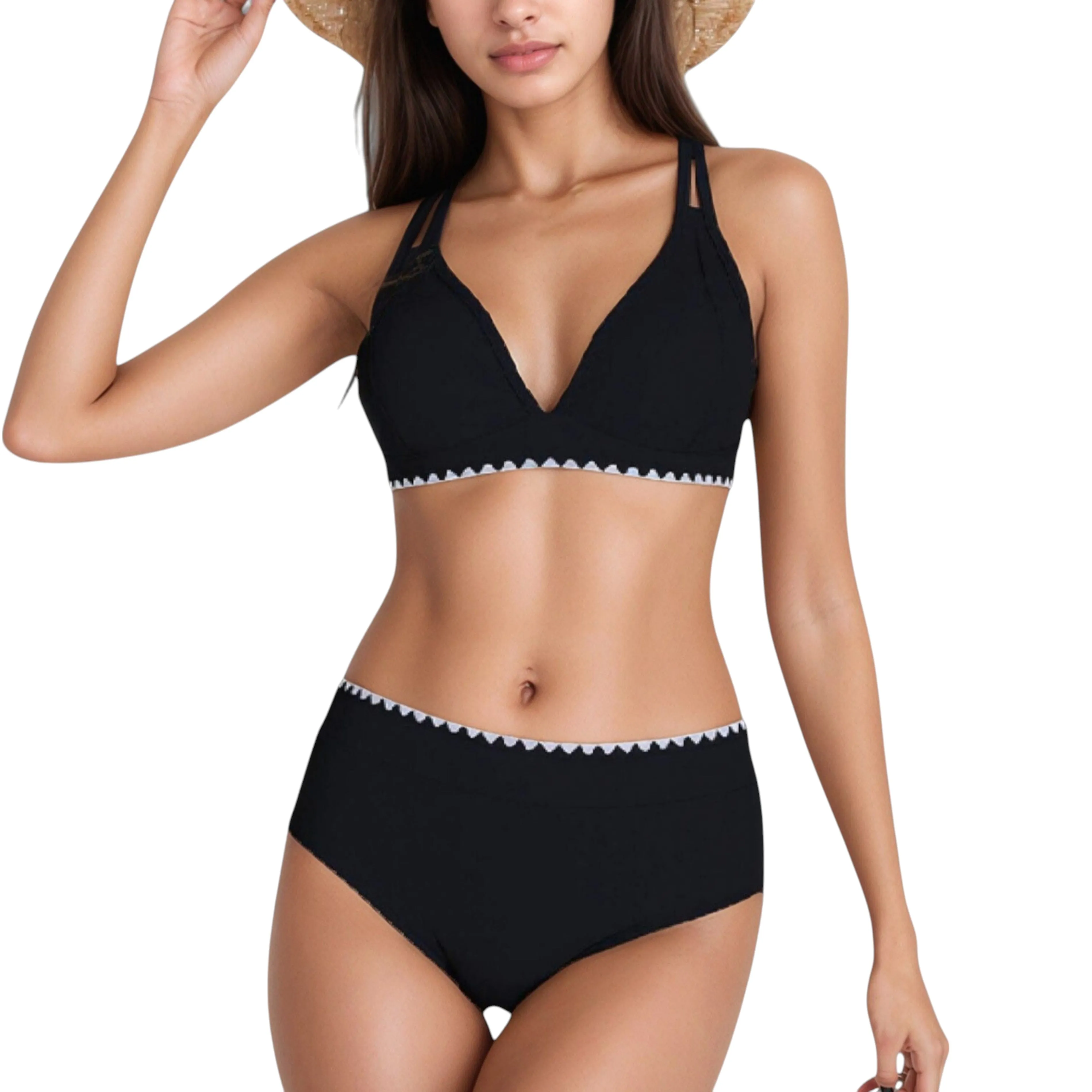 Anna-Kaci Swim Women's High Waist Bikini Set with Triangle Trim Details and Adjustable Straps for a Supportive and Flattering Beachwear Look sold by Anna-Kaci