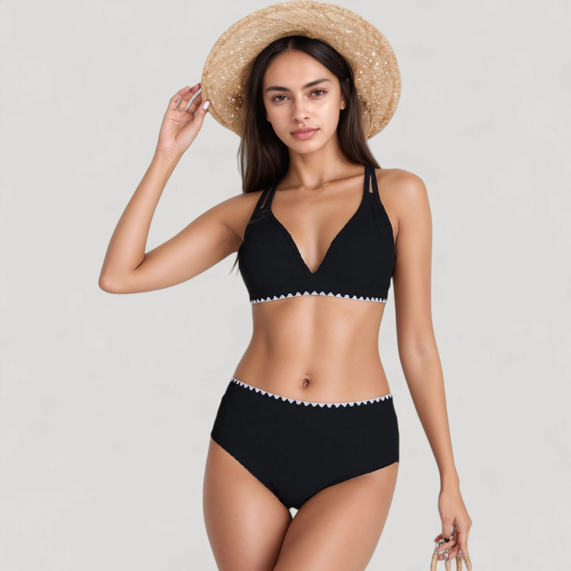 Anna-Kaci Swim Women's High Waist Bikini Set with Triangle Trim Details and Adjustable Straps for a Supportive and Flattering Beachwear Look sold by Anna-Kaci product image thumbnail 2