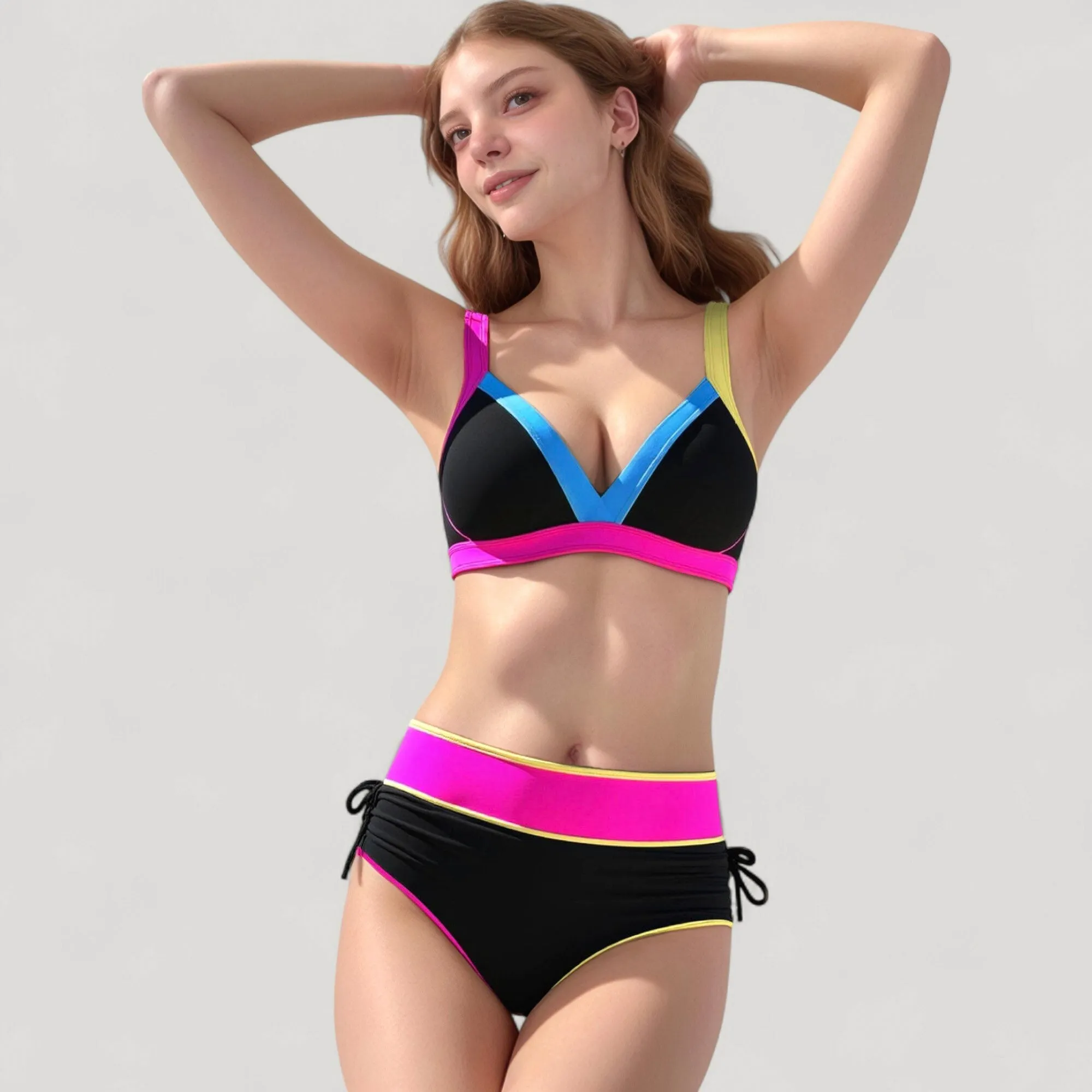 Women's Colorblock High Waist Bikini Set with Adjustable Side Ruched Bottoms and V-Neck Supportive Top sold by Anna-Kaci product image thumbnail 4