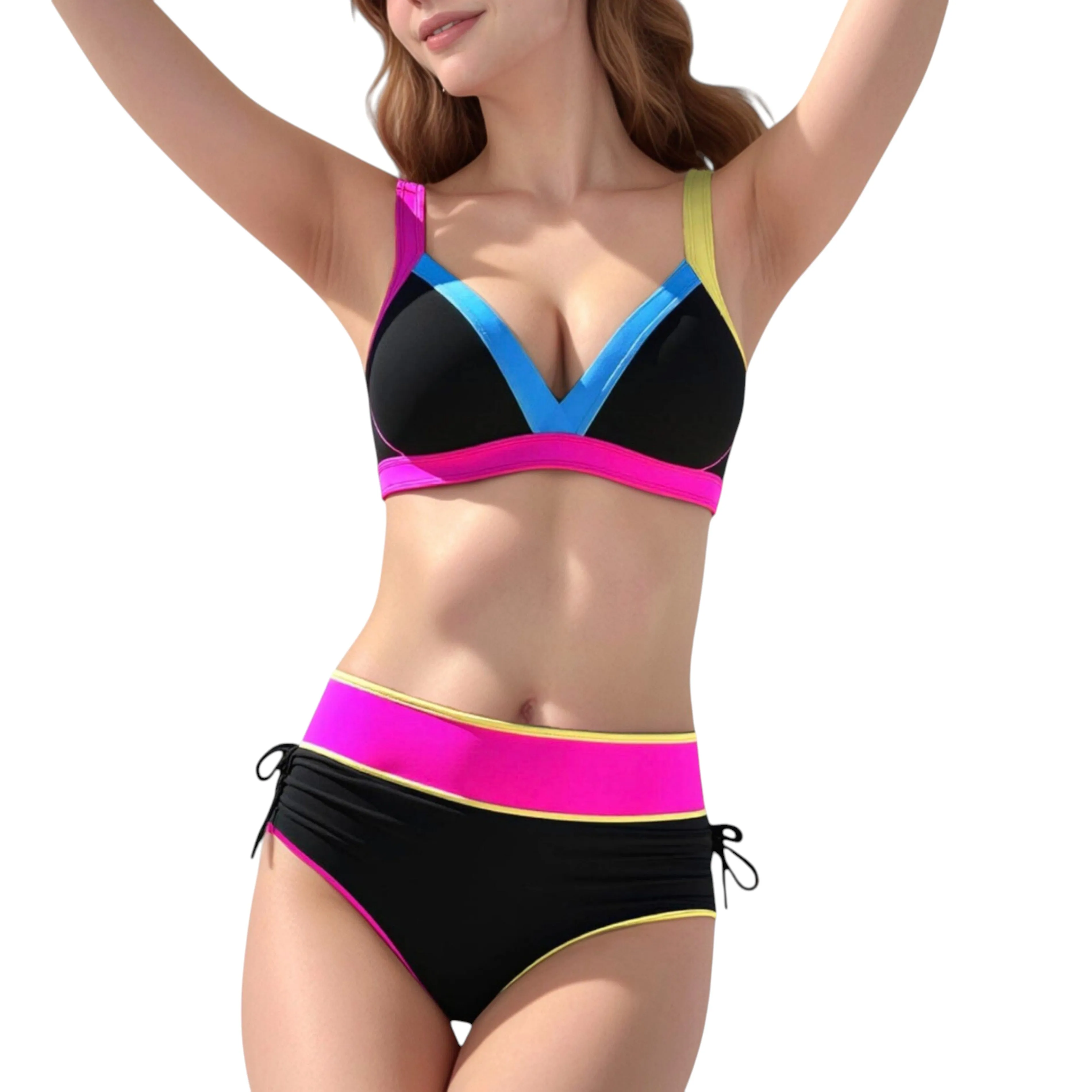 Women's Colorblock High Waist Bikini Set with Adjustable Side Ruched Bottoms and V-Neck Supportive Top sold by Anna-Kaci