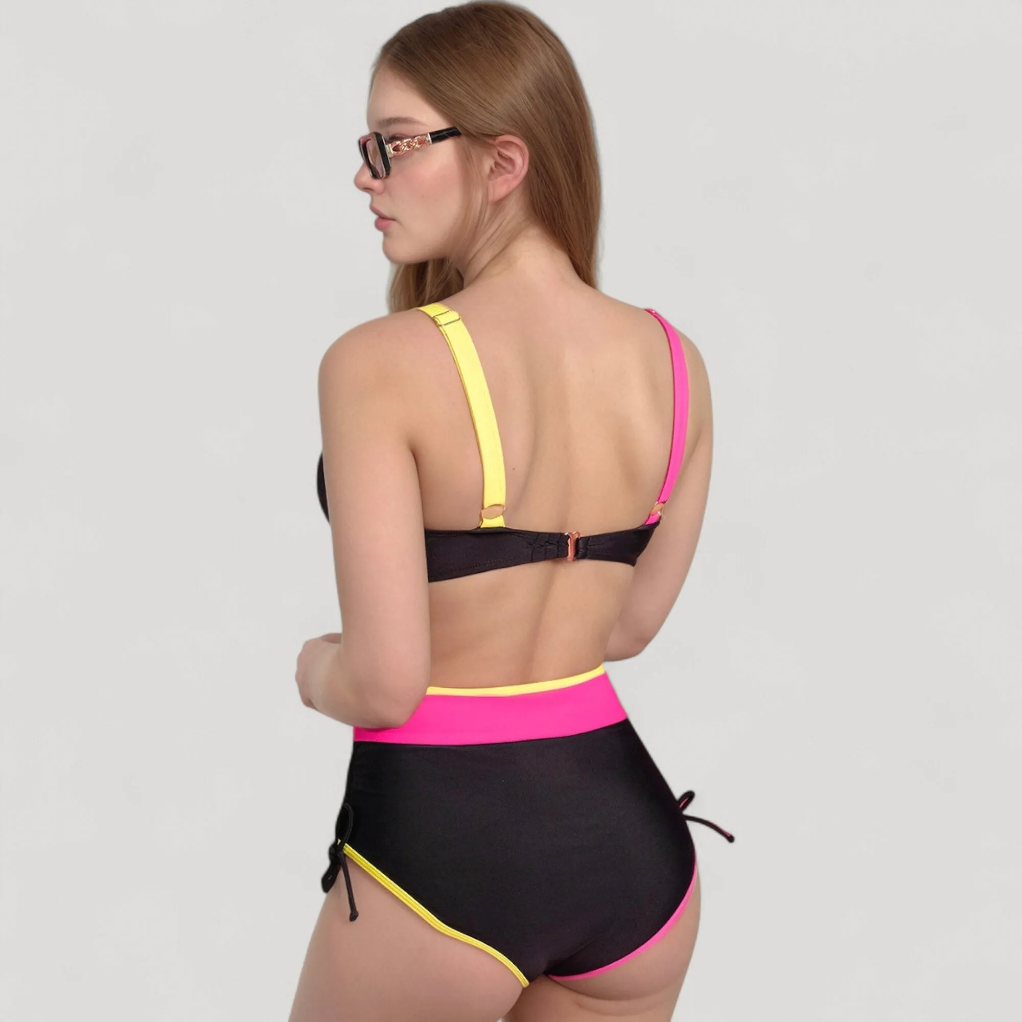 Women's Colorblock High Waist Bikini Set with Adjustable Side Ruched Bottoms and V-Neck Supportive Top sold by Anna-Kaci product image thumbnail 5
