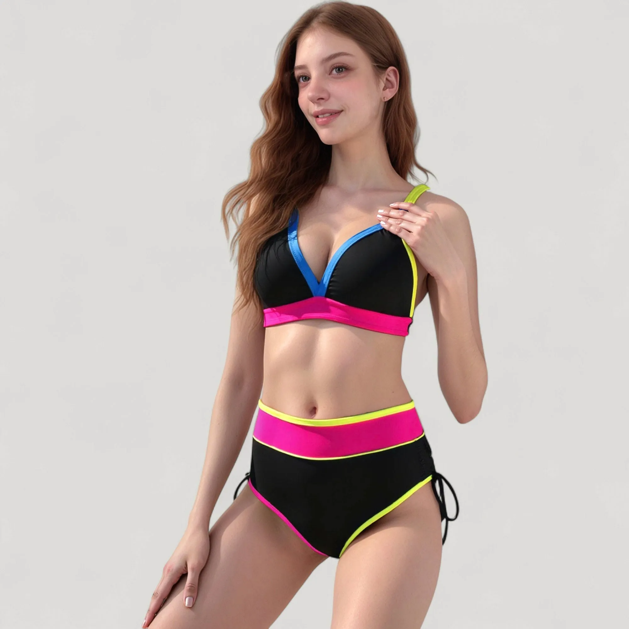 Women's Colorblock High Waist Bikini Set with Adjustable Side Ruched Bottoms and V-Neck Supportive Top sold by Anna-Kaci product image thumbnail 2