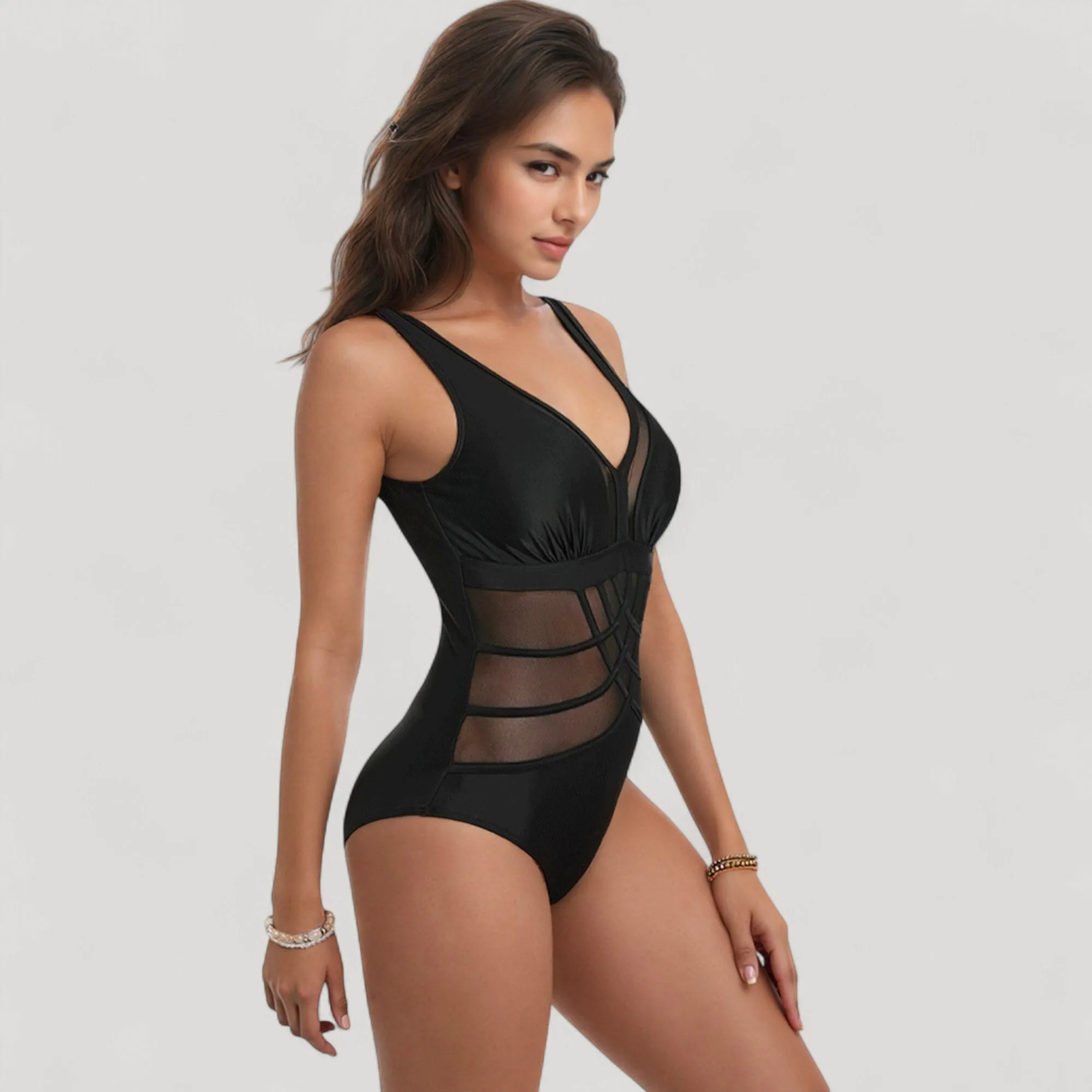 Anna-Kaci Swim Women's Mesh Panel One Piece Swimsuit with Deep V Neck and Geometric Striped Waist Design sold by Anna-Kaci product image thumbnail 3