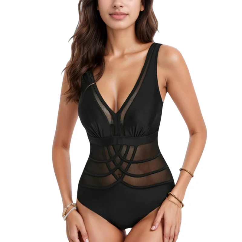 Anna-Kaci Swim Women's Mesh Panel One Piece Swimsuit with Deep V Neck and Geometric Striped Waist Design made by Anna-Kaci