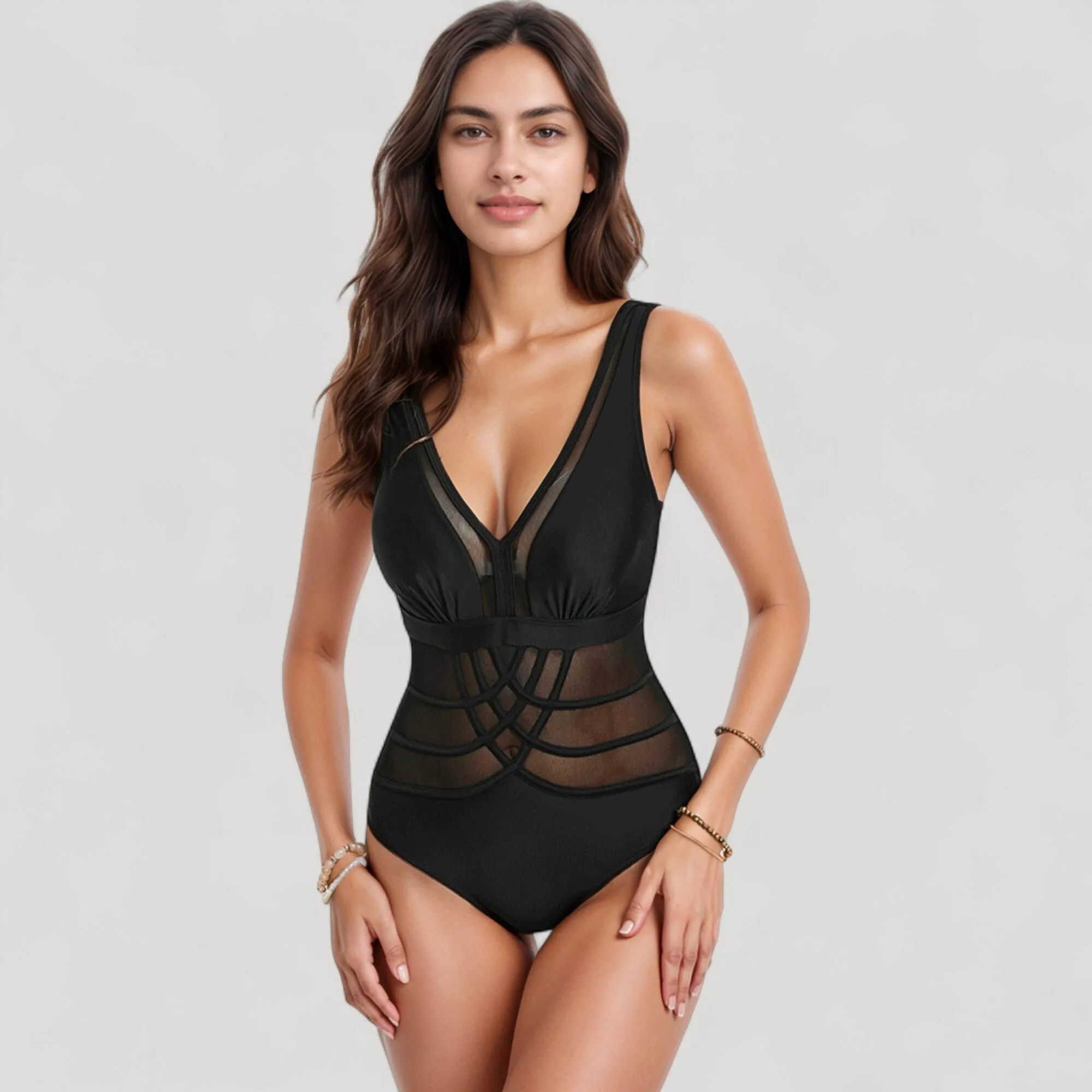 Anna-Kaci Swim Women's Mesh Panel One Piece Swimsuit with Deep V Neck and Geometric Striped Waist Design sold by Anna-Kaci product image thumbnail 2