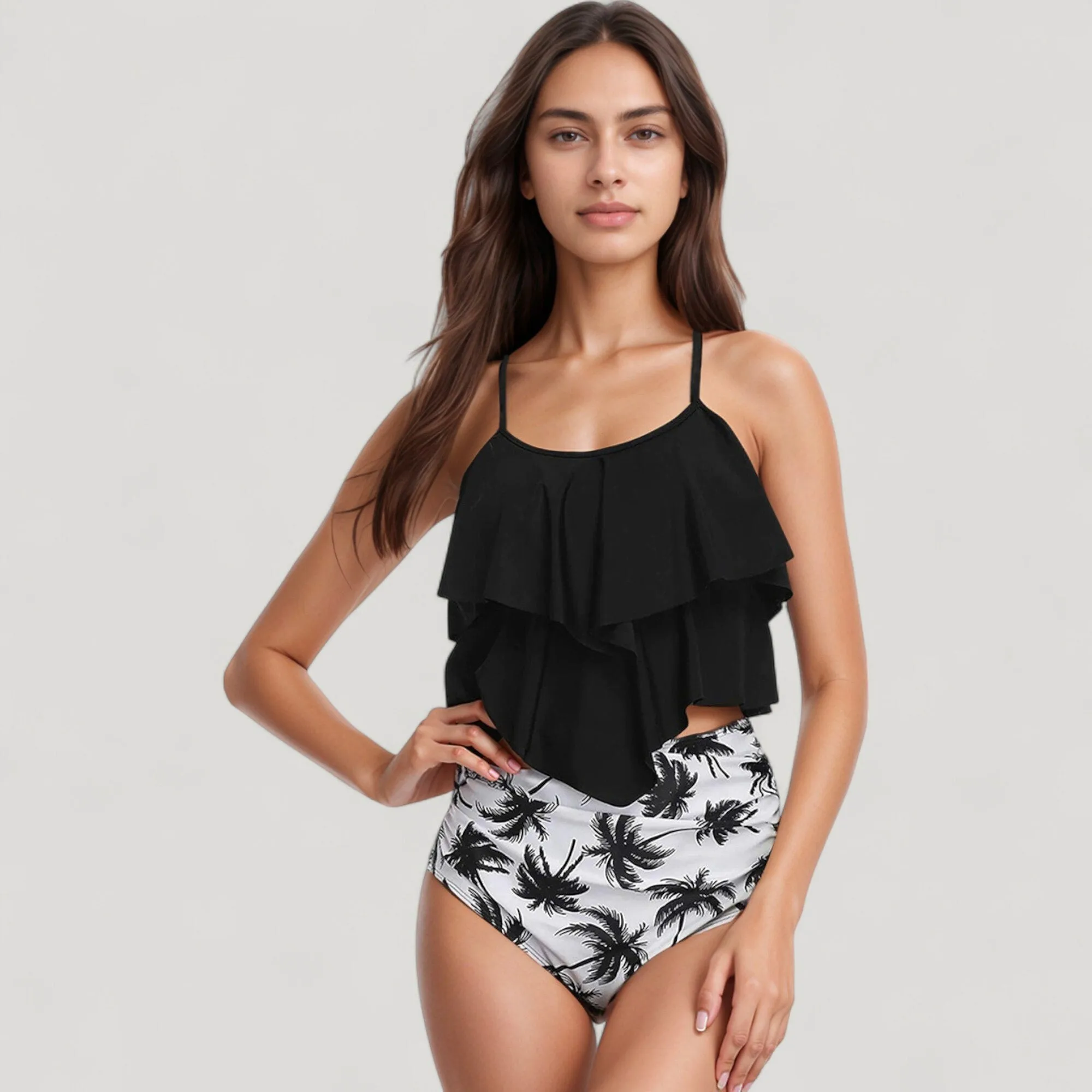 Anna-Kaci Swim Women's Tiered Ruffle Tankini Top with Adjustable Straps and High Waist Palm Tree Print Bottoms sold by Anna-Kaci product image thumbnail 2