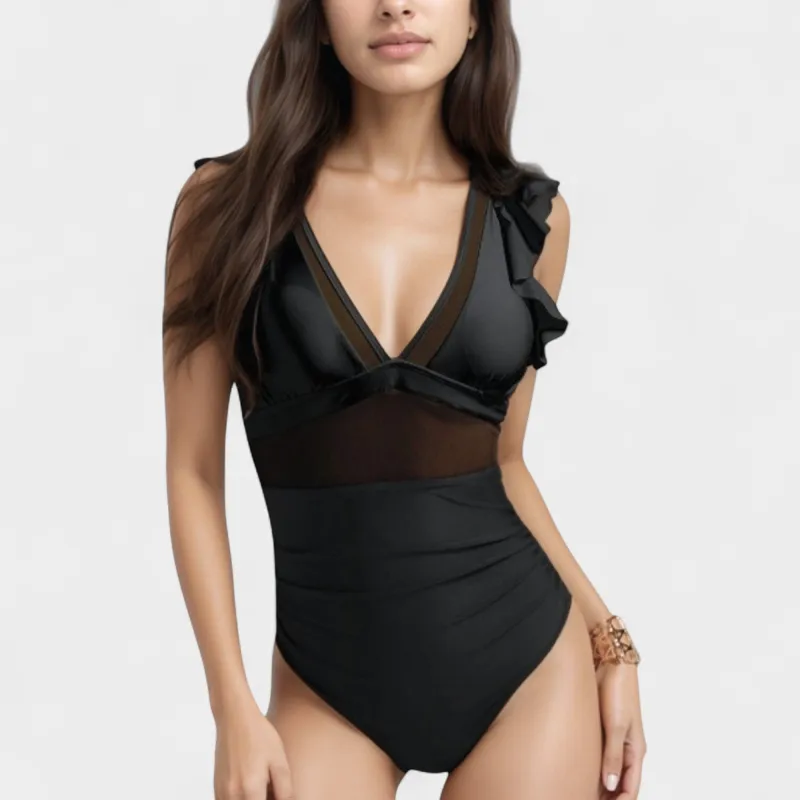 Anna-Kaci Swim Women's Mesh Panel One Piece Swimsuit with Ruffle Shoulder Detail and Deep V Neckline made by Anna-Kaci