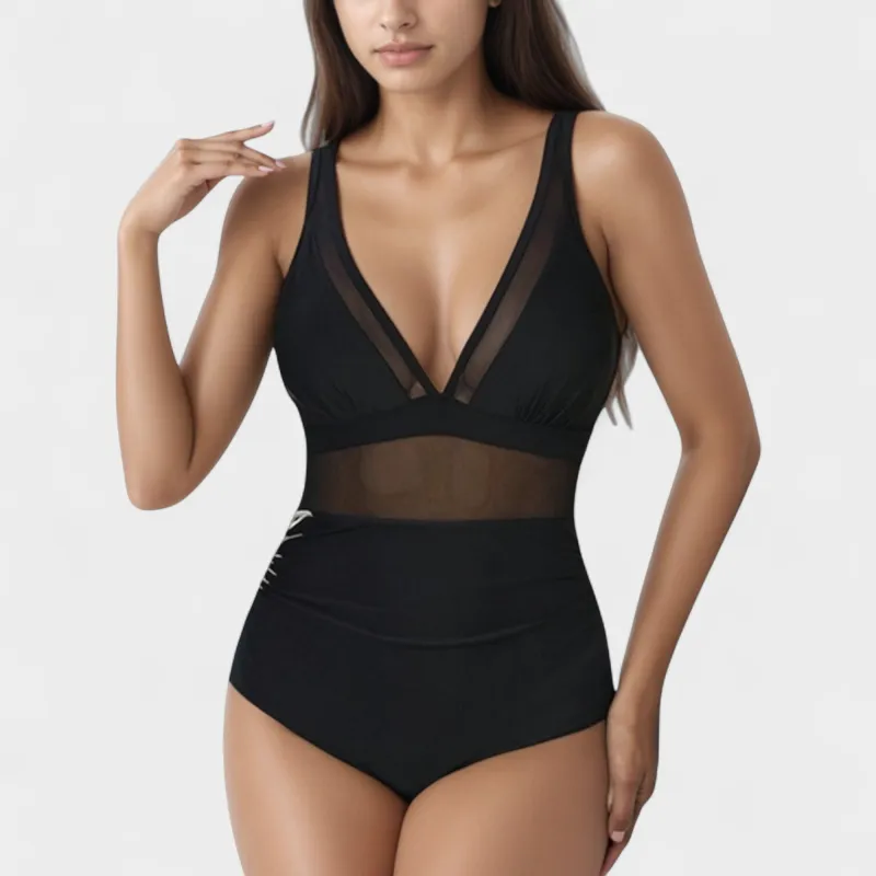 Anna-Kaci Swim Women's Deep V Mesh Panel One Piece Swimsuit with Sheer Waist Detail and Adjustable Straps made by Anna-Kaci