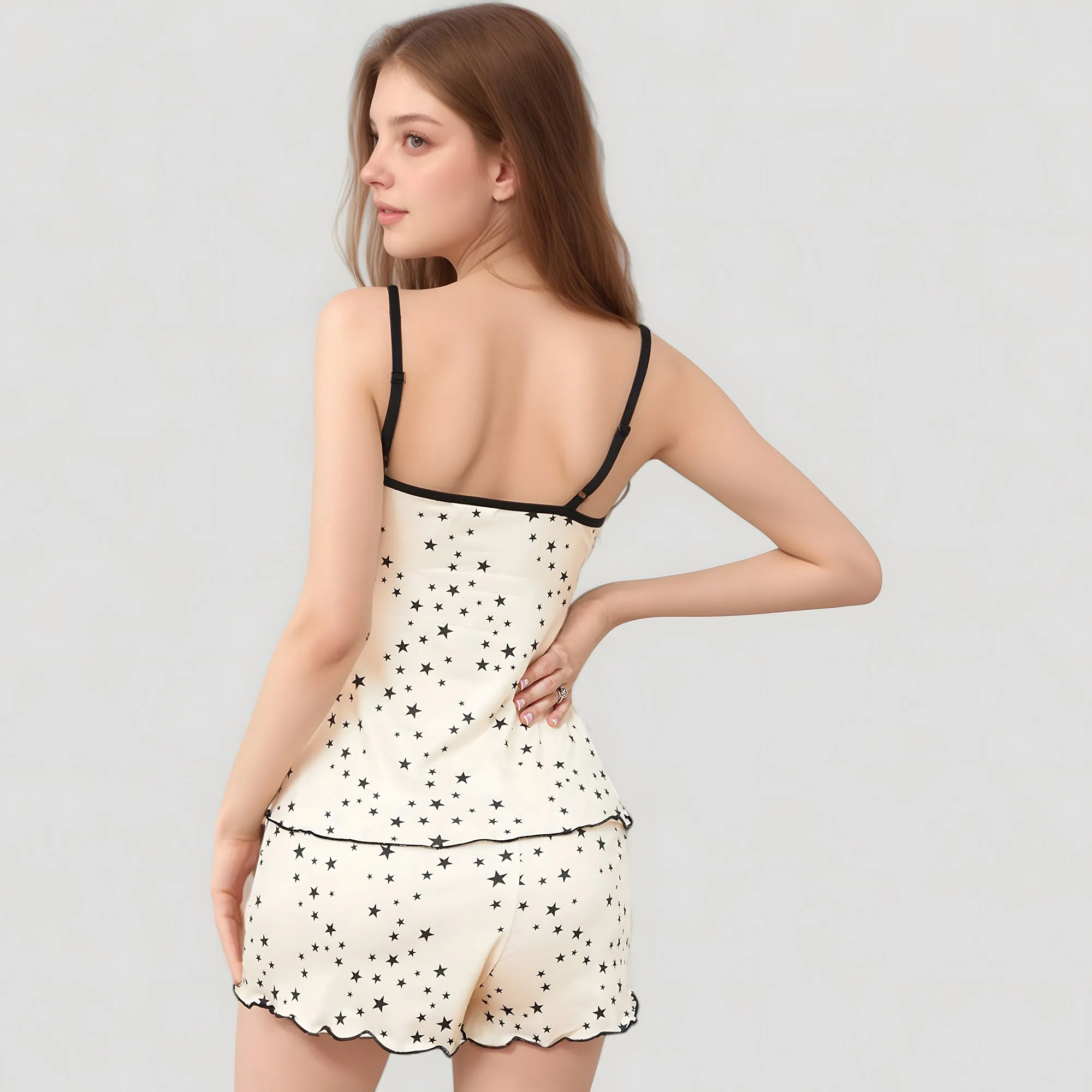 Anna-Kaci Lounge Women's Star Print Cami and Shorts Pajama Set with Contrast Trim and Lettuce Hem sold by Anna-Kaci product image thumbnail 5