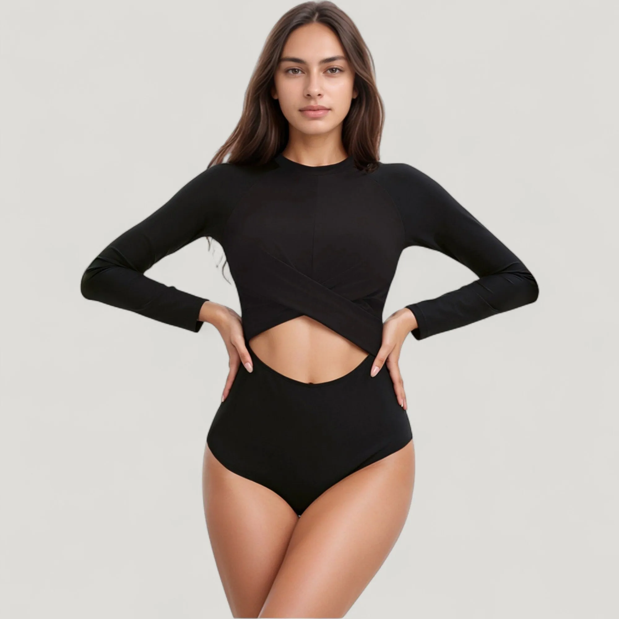 Anna-Kaci Swim Women's Long Sleeve One Piece Swimsuit with Cut-Out Waist and Cross Front Detail sold by Anna-Kaci product image thumbnail 2