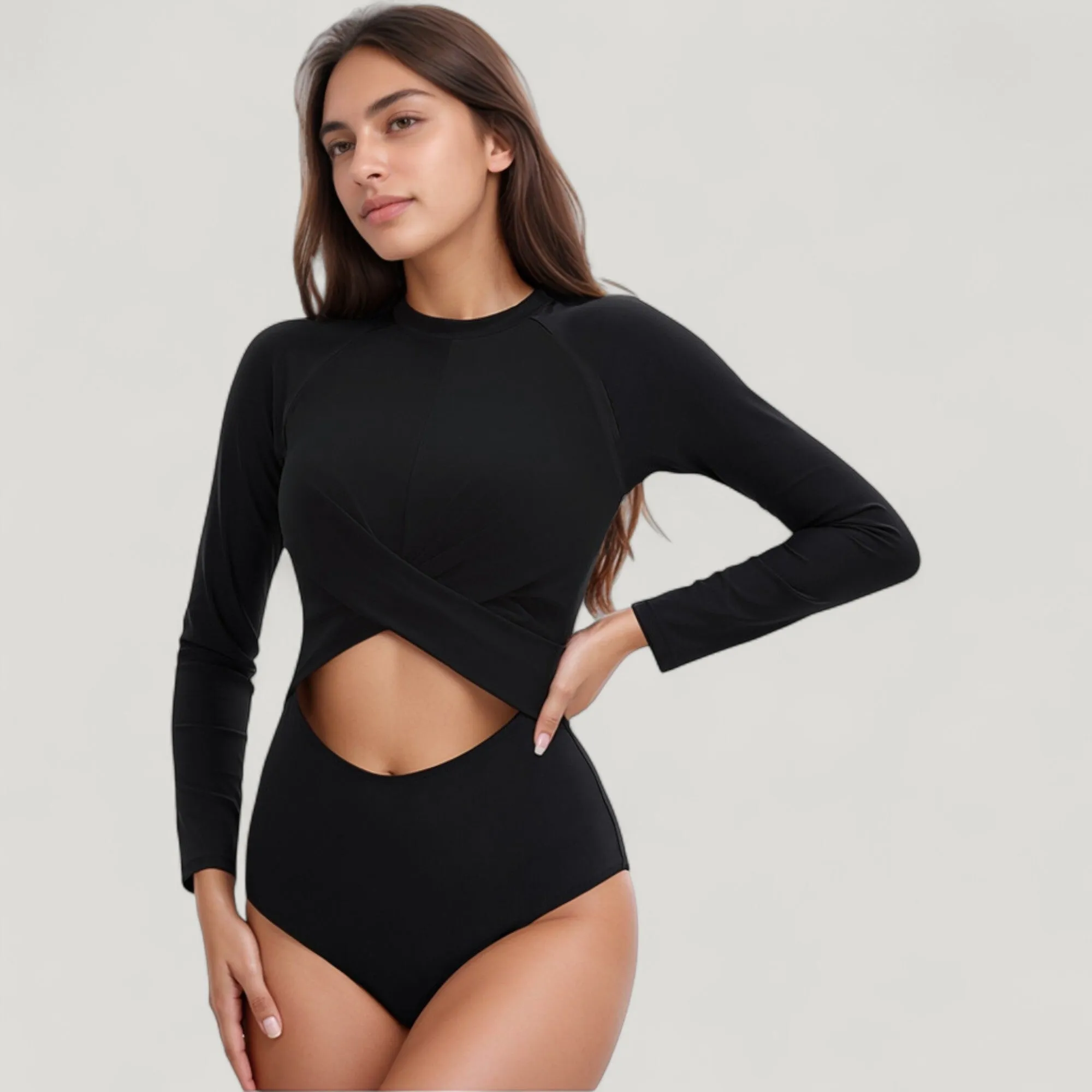 Anna-Kaci Swim Women's Long Sleeve One Piece Swimsuit with Cut-Out Waist and Cross Front Detail sold by Anna-Kaci product image thumbnail 3