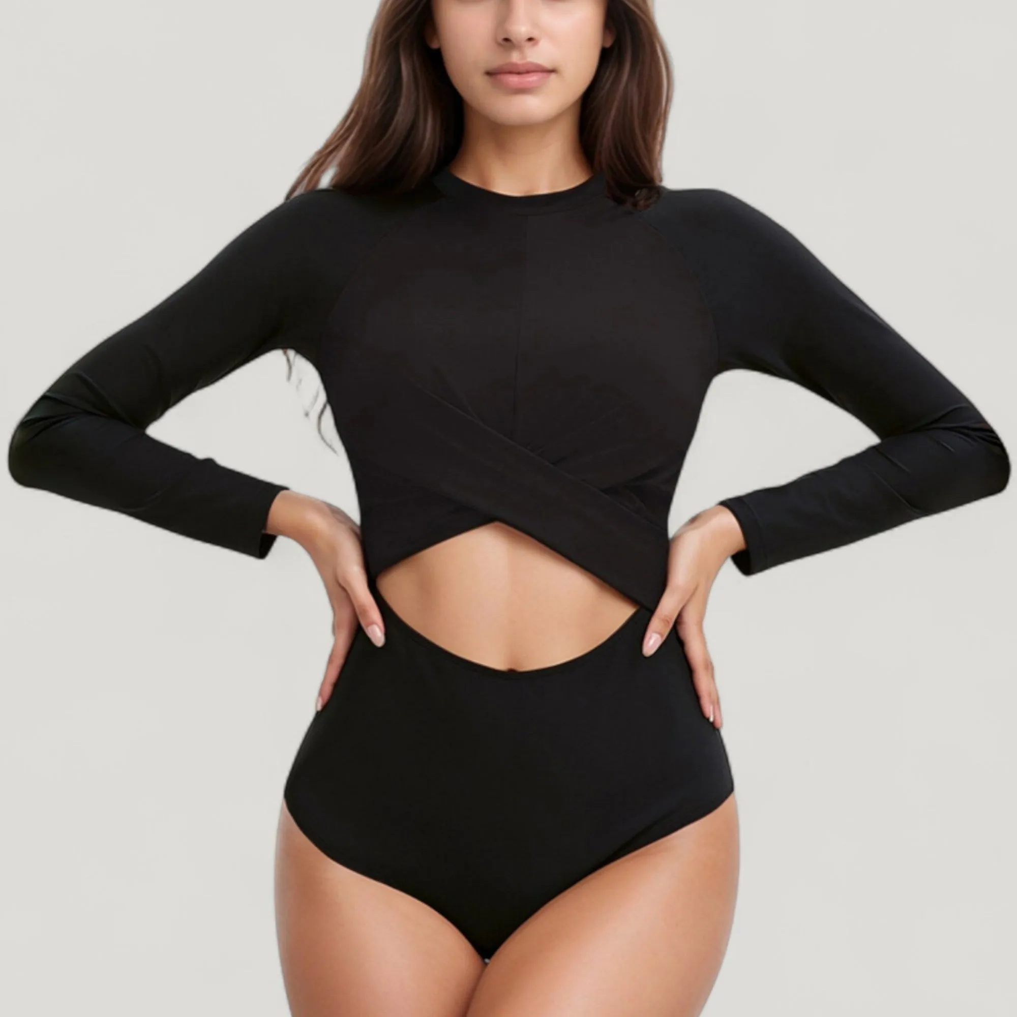Anna-Kaci Swim Women's Long Sleeve One Piece Swimsuit with Cut-Out Waist and Cross Front Detail sold by Anna-Kaci