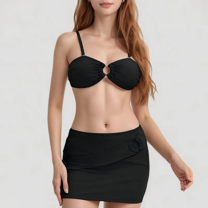 Anna-Kaci Swim Women's 3-Piece Bikini Set with Ring Front Bandeau Top High Waist Bottom and Matching Cover-Up Skirt sold by Anna-Kaci