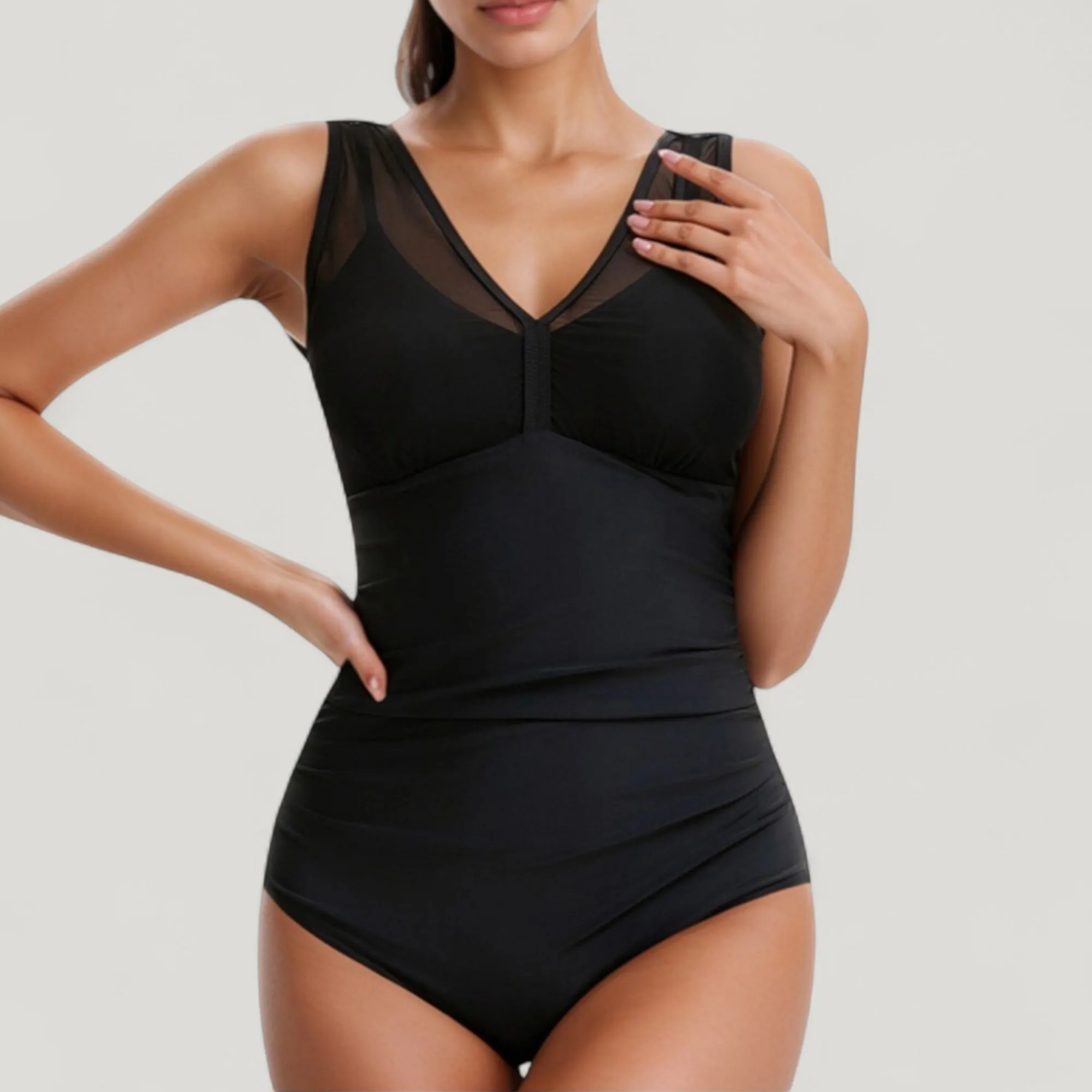 Anna-Kaci Swim Women's Mesh Insert V-Neck One Piece Swimsuit with Ruched Waist and Wide Shoulder Straps sold by Anna-Kaci