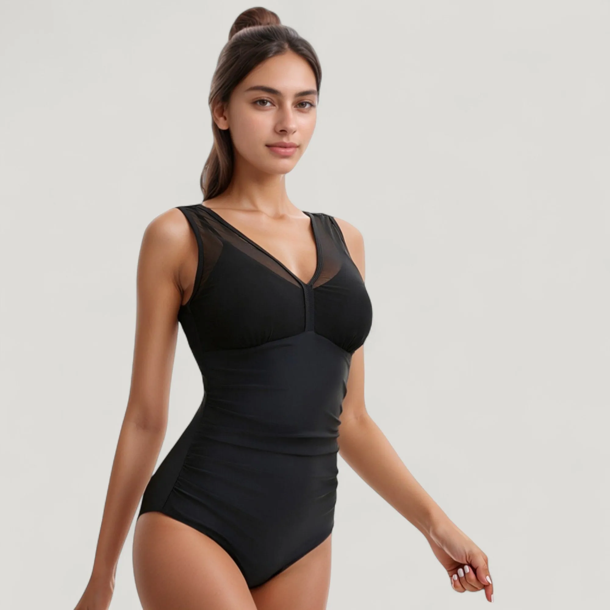 Anna-Kaci Swim Women's Mesh Insert V-Neck One Piece Swimsuit with Ruched Waist and Wide Shoulder Straps sold by Anna-Kaci product image thumbnail 3