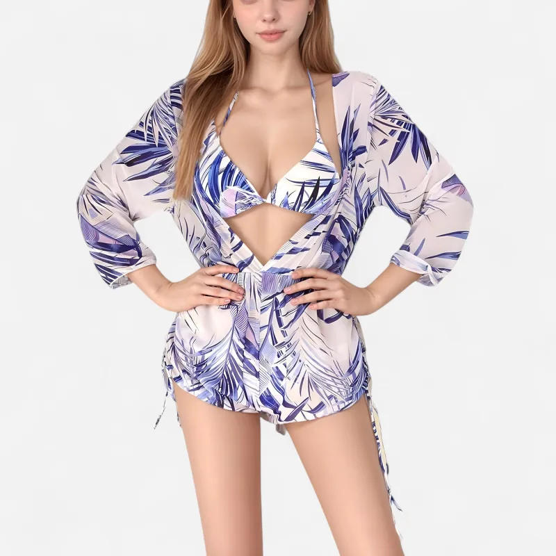 Anna-Kaci Swim Women's Leaf Print 3 Piece Swimsuit Set Bikini Top Drawstring Shorts Long Sleeve Sheer Cover Up sold by Anna-Kaci