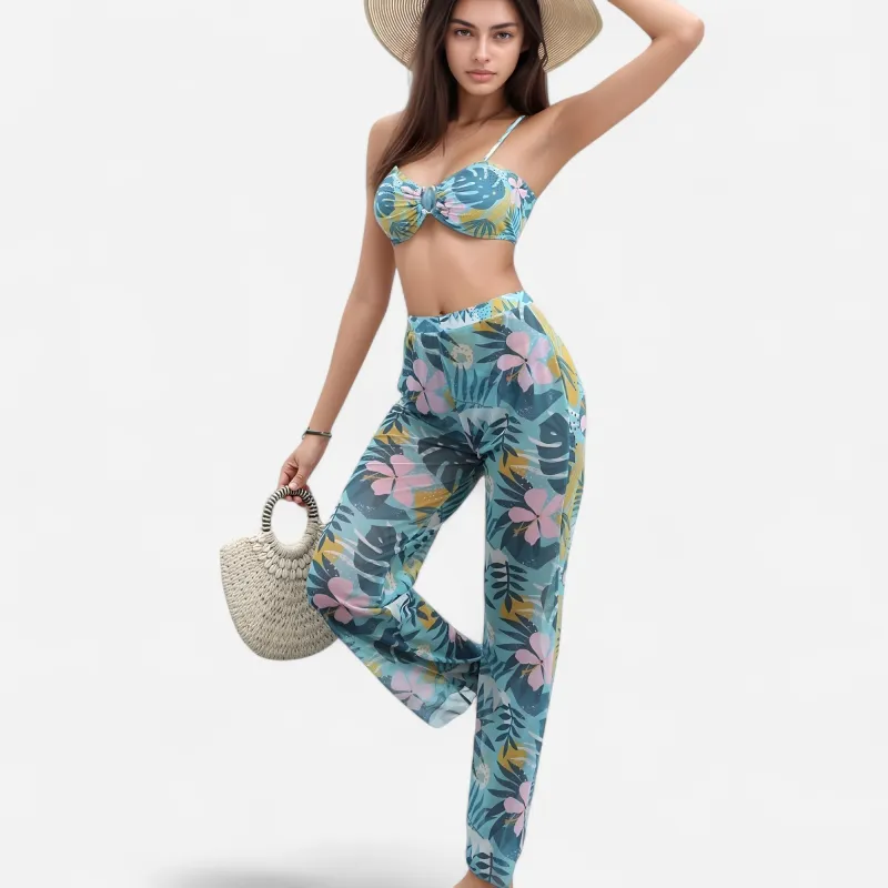 Anna-Kaci Swim Women's Tropical Leaf Print 3 Piece Swimsuit Set Bikini Top High Waist Bottom Sheer Wide Leg Pants sold by Anna-Kaci