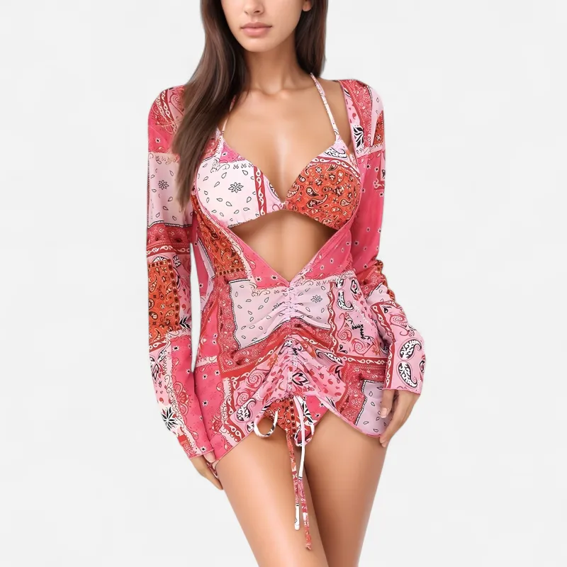 Anna-Kaci Swim Women's 3 Piece Bikini Swimsuit Set with Patchwork Print Triangle Top High Waist Bottom and Ruched Long Sleeve Cover-Up sold by Anna-Kaci