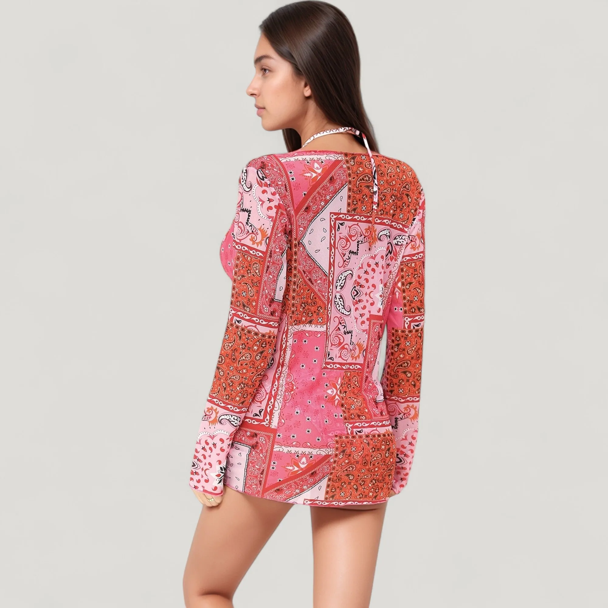 Anna-Kaci Swim Women's 3 Piece Bikini Swimsuit Set with Patchwork Print Triangle Top High Waist Bottom and Ruched Long Sleeve Cover-Up sold by Anna-Kaci product image thumbnail 5