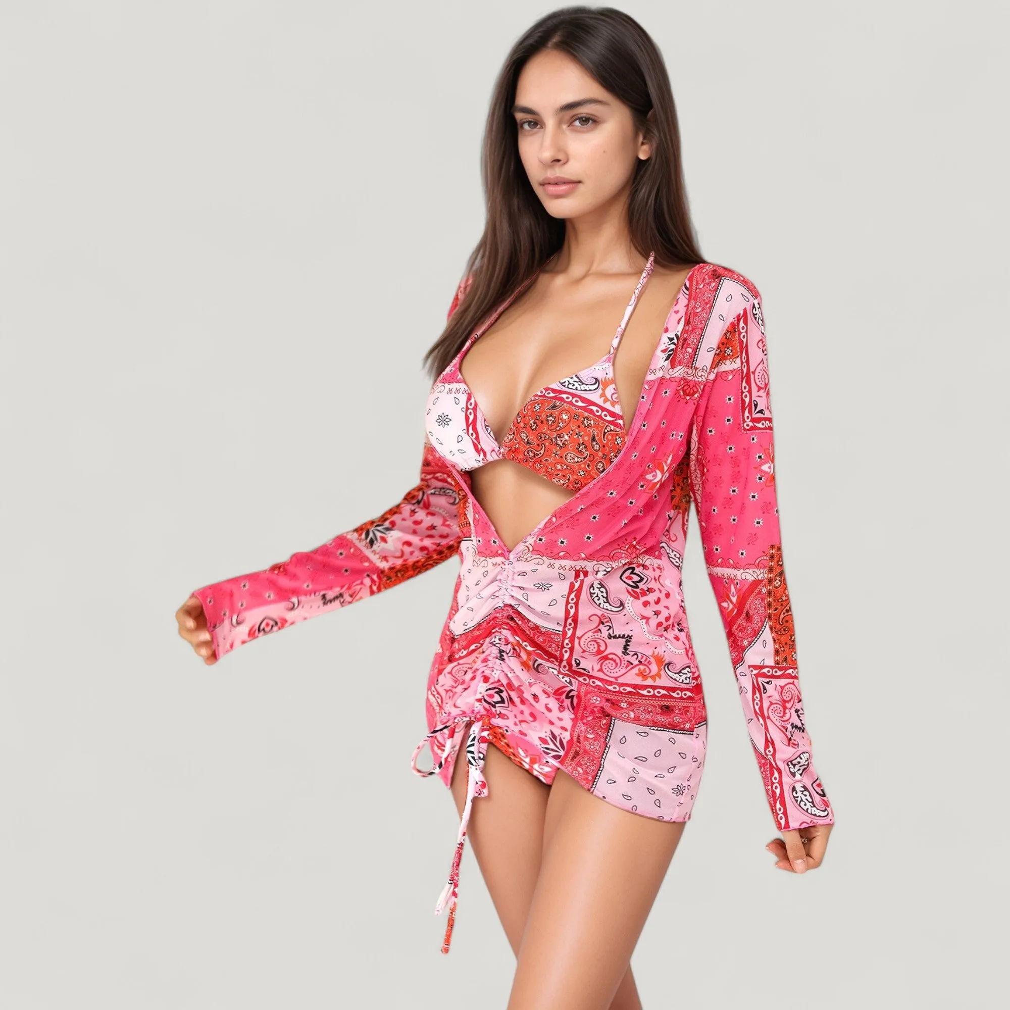 Anna-Kaci Swim Women's 3 Piece Bikini Swimsuit Set with Patchwork Print Triangle Top High Waist Bottom and Ruched Long Sleeve Cover-Up sold by Anna-Kaci product image thumbnail 3
