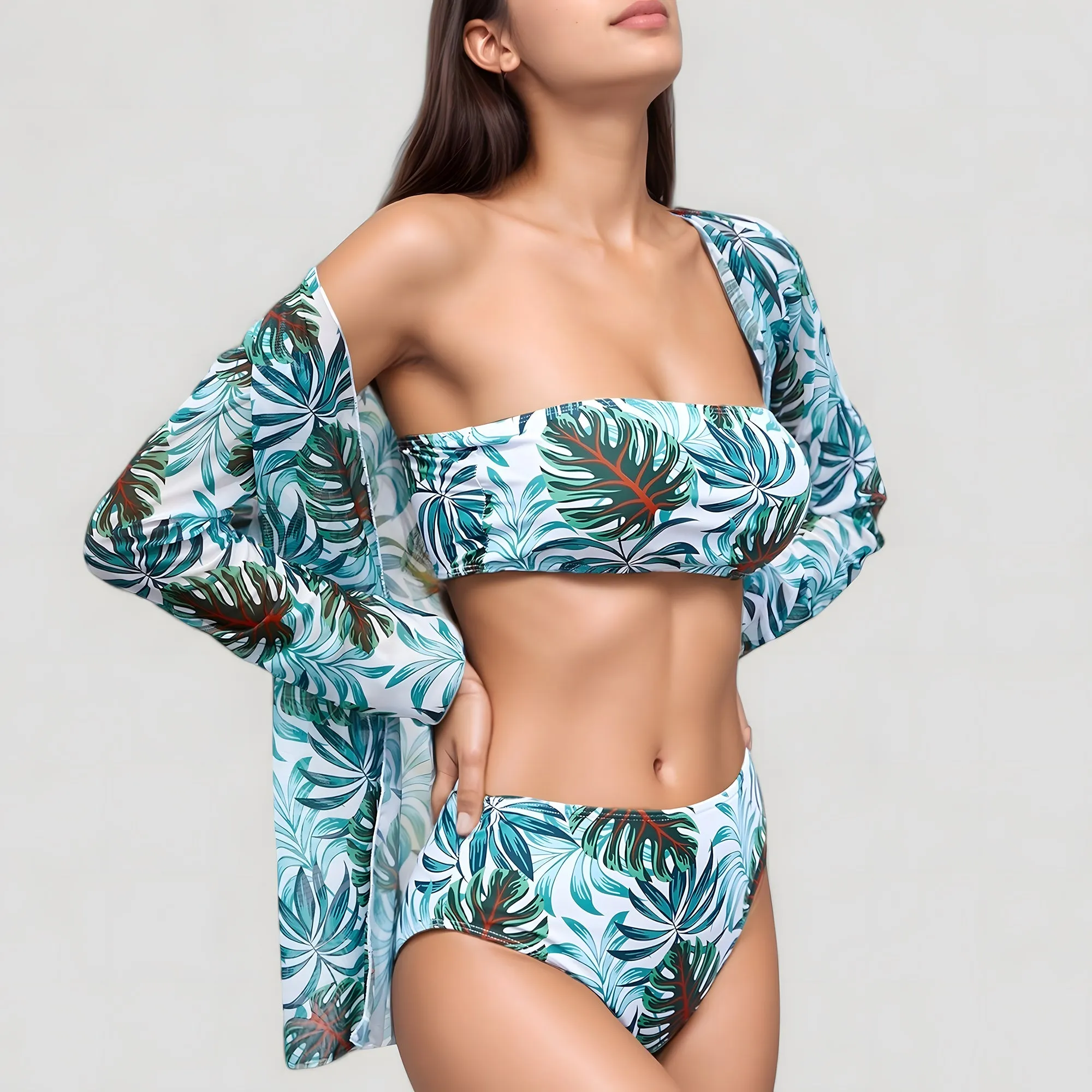 Anna-Kaci Swim Women's Three-Piece Swimsuit Set with Strapless Bandeau Top High Waist Bottoms and Sheer Long Sleeve Cover Up sold by Anna-Kaci