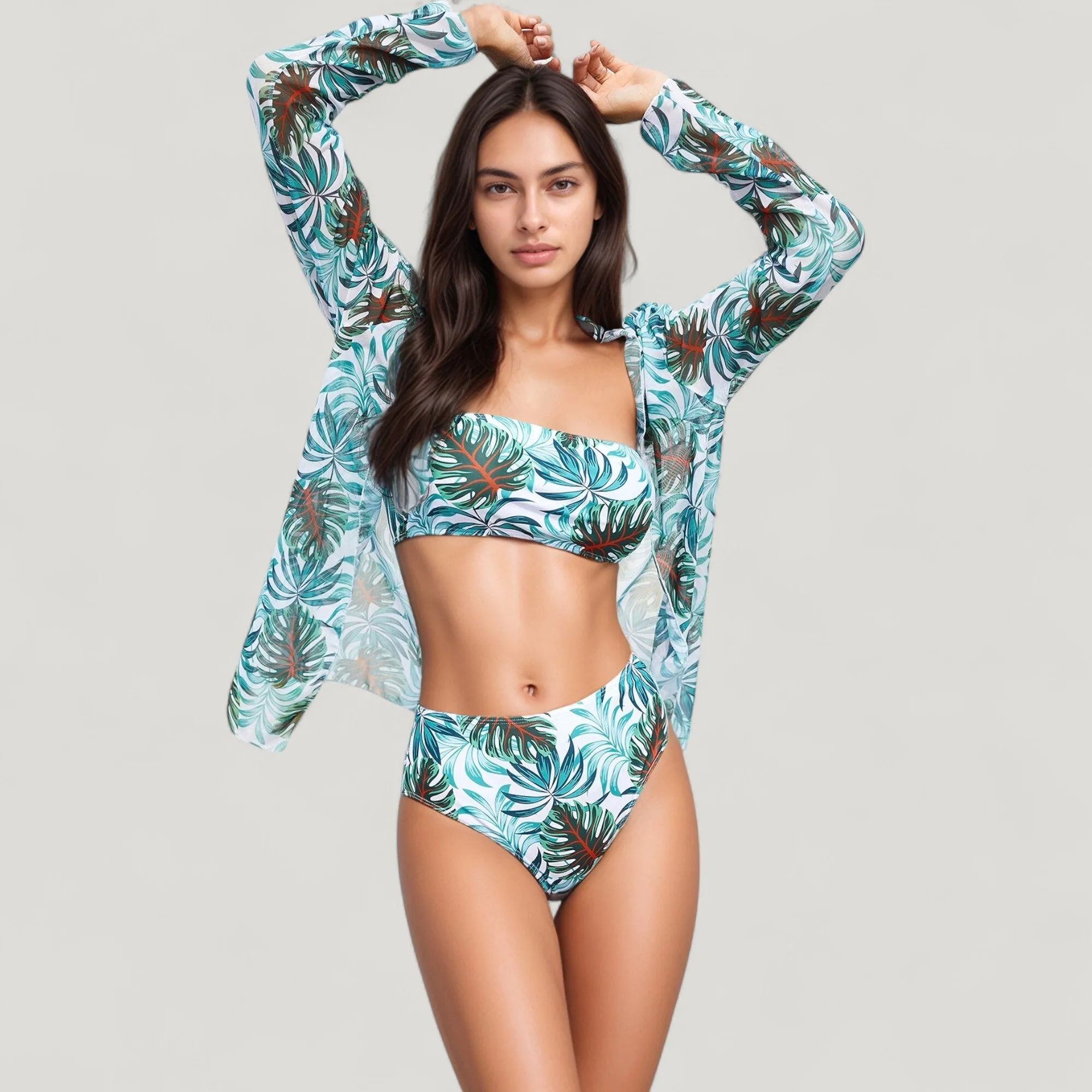 Anna-Kaci Swim Women's Three-Piece Swimsuit Set with Strapless Bandeau Top High Waist Bottoms and Sheer Long Sleeve Cover Up sold by Anna-Kaci product image thumbnail 2