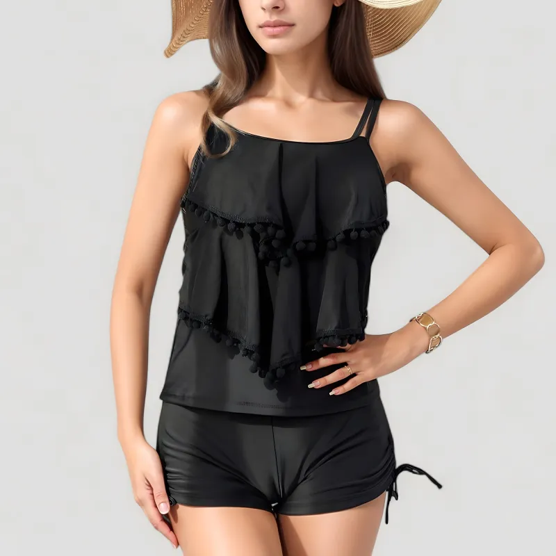 Anna-Kaci Swim Women's Two-Piece Swimsuit Set with Pom Pom Trim Layered Tank Top and Drawstring Swim Shorts sold by Anna-Kaci