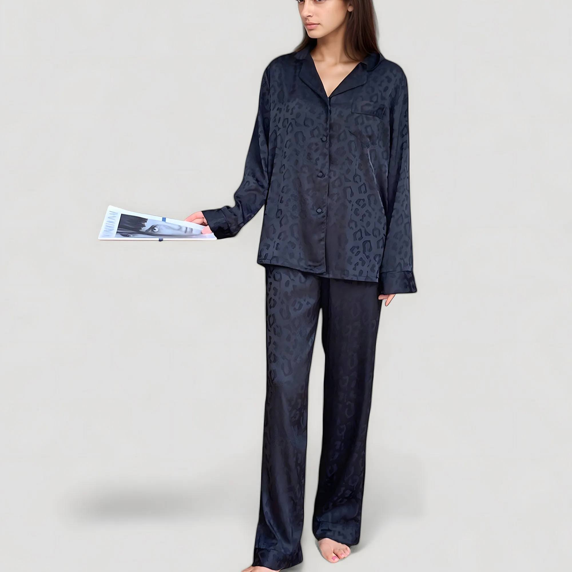 Anna-Kaci Lounge Women's Long Sleeve Button Up Pajama Set with Satin Leopard Texture and Relaxed Fit Pants sold by Anna-Kaci