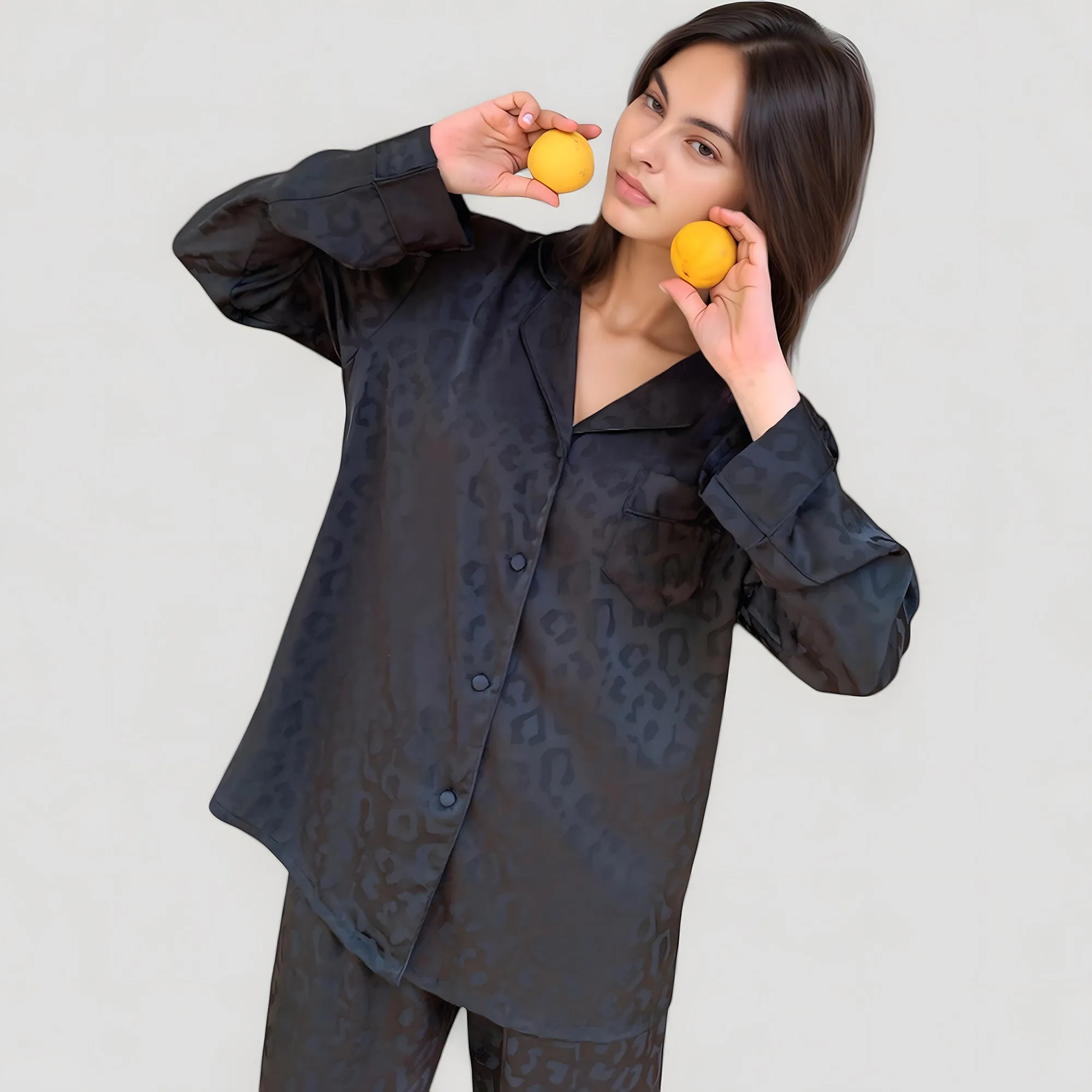 Anna-Kaci Lounge Women's Long Sleeve Button Up Pajama Set with Satin Leopard Texture and Relaxed Fit Pants sold by Anna-Kaci product image thumbnail 4