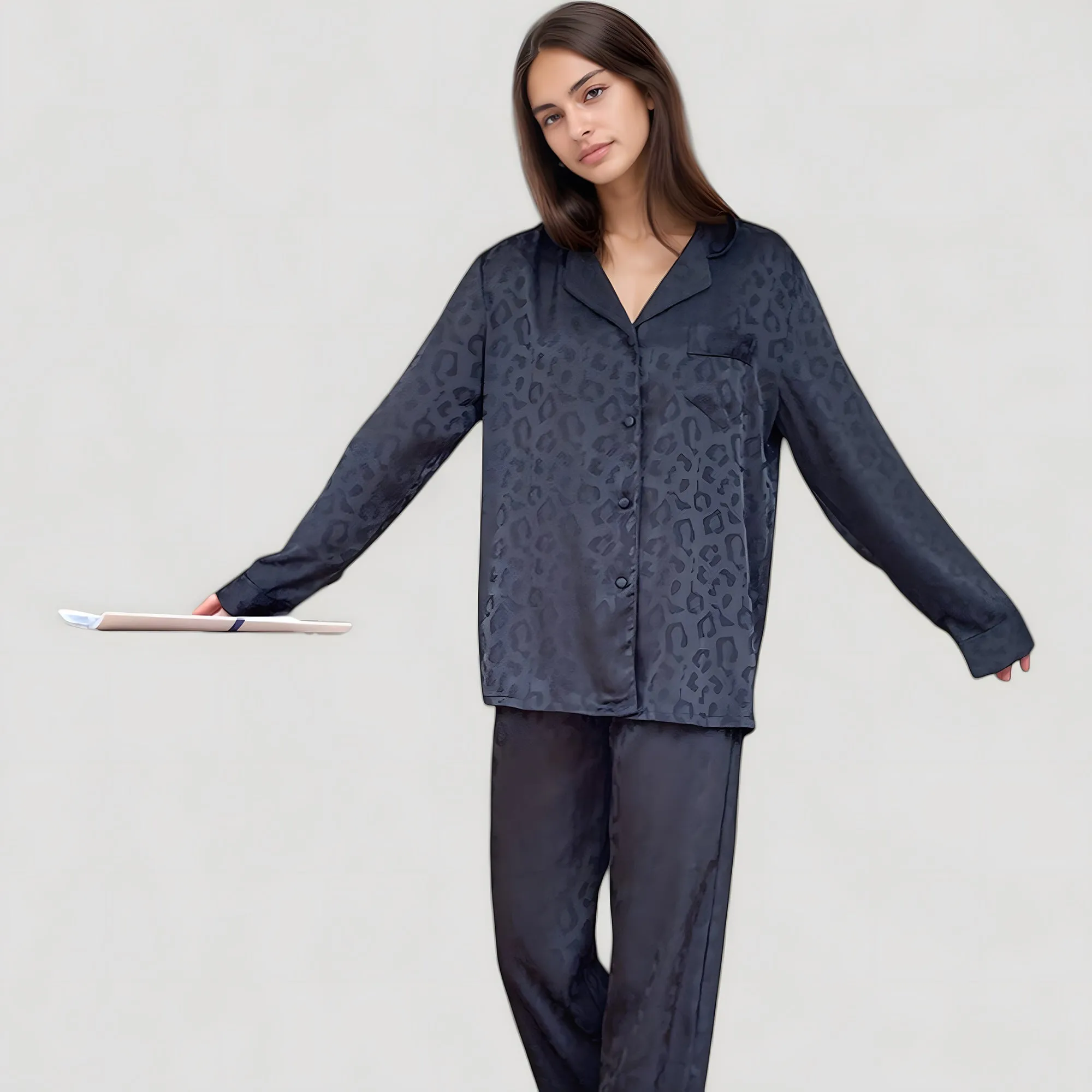 Anna-Kaci Lounge Women's Long Sleeve Button Up Pajama Set with Satin Leopard Texture and Relaxed Fit Pants sold by Anna-Kaci product image thumbnail 5