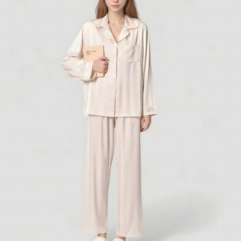 Anna-Kaci Lounge Women's Long Sleeve Button-Down Satin Pajama Top with Ruffle Collar and Wide Leg Pants Sleepwear Set sold by Anna-Kaci