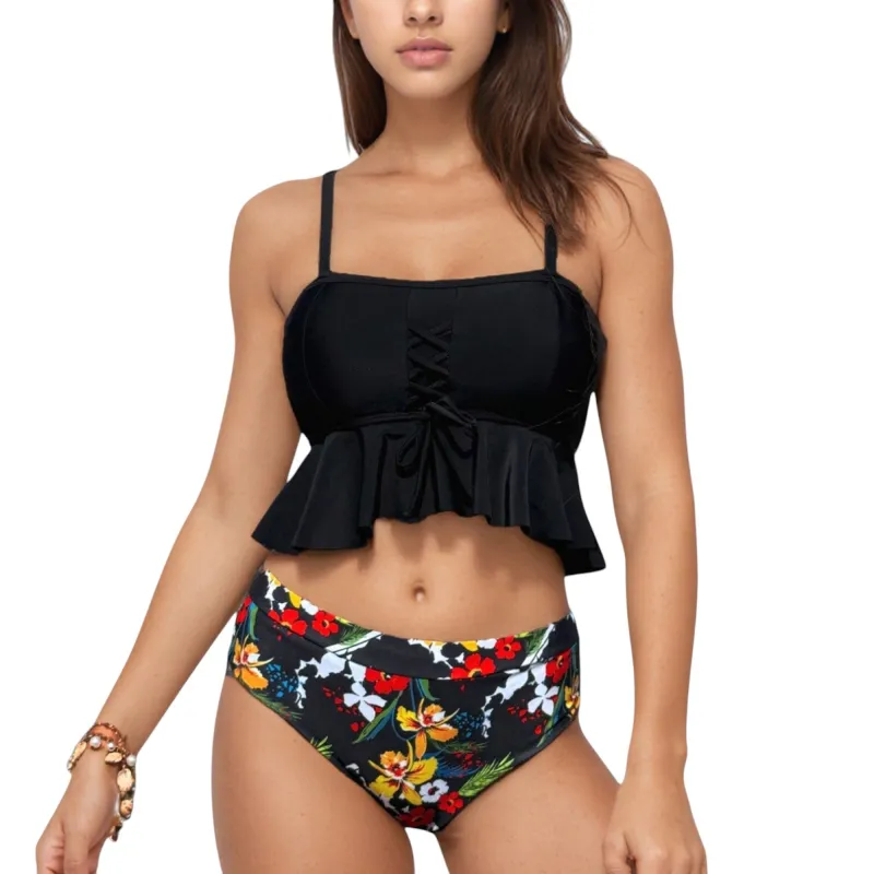 Anna-Kaci Swim Women's Peplum Lace-Up Tankini Top and High Waist Floral Print Bikini Bottom Two-Piece Swimsuit sold by Anna-Kaci