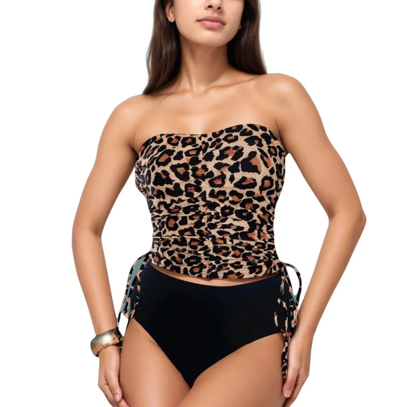 Anna-Kaci Swim Women's Strapless Leopard Print Ruched Tankini Top and High Waist Bikini Bottom Two-Piece Swimsuit sold by Anna-Kaci