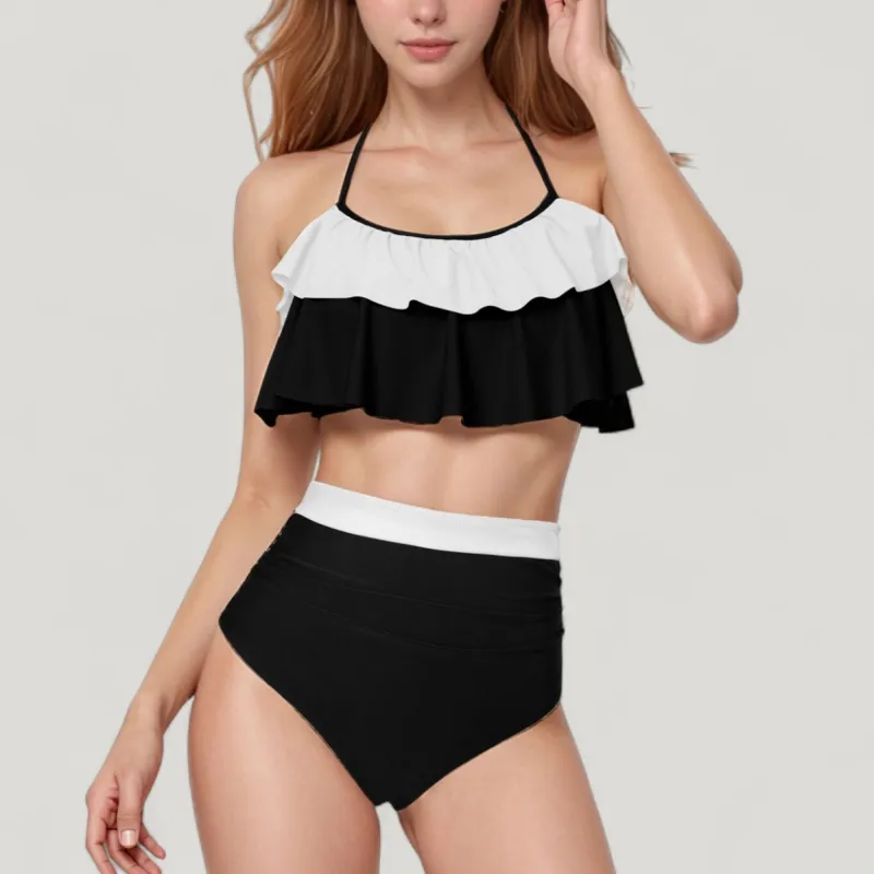 Anna-Kaci Swim Women's Ruffle Flounce Bikini Top and High Waist Bottom Two-Piece Swimsuit with Contrast Trim sold by Anna-Kaci