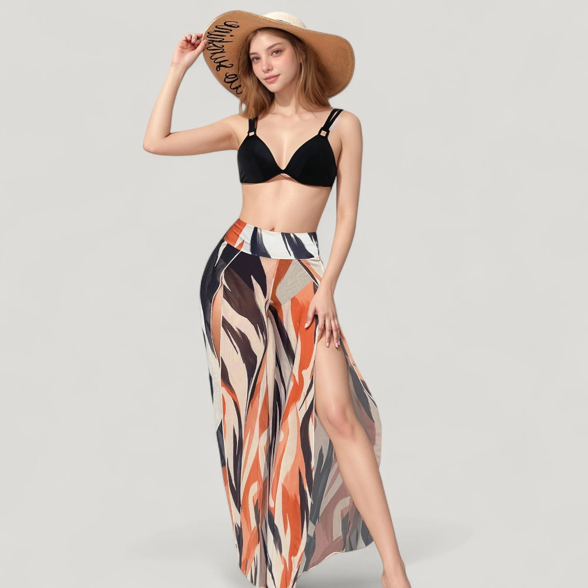 Anna-Kaci Swim Women's Three-Piece Swimsuit Set with Bikini Top High Waist Bottom and Sheer Abstract Print Wide Leg Pants sold by Anna-Kaci product image thumbnail 3