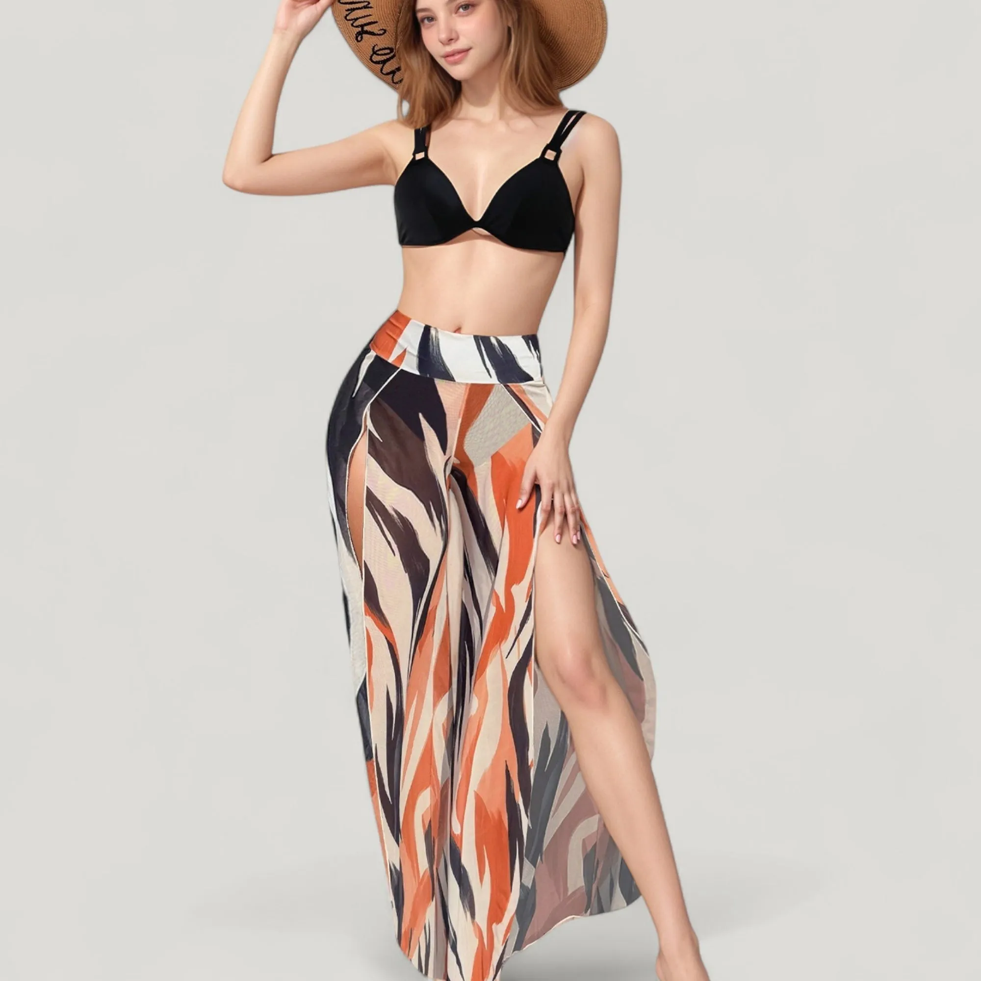 Anna-Kaci Swim Women's Three-Piece Swimsuit Set with Bikini Top High Waist Bottom and Sheer Abstract Print Wide Leg Pants sold by Anna-Kaci