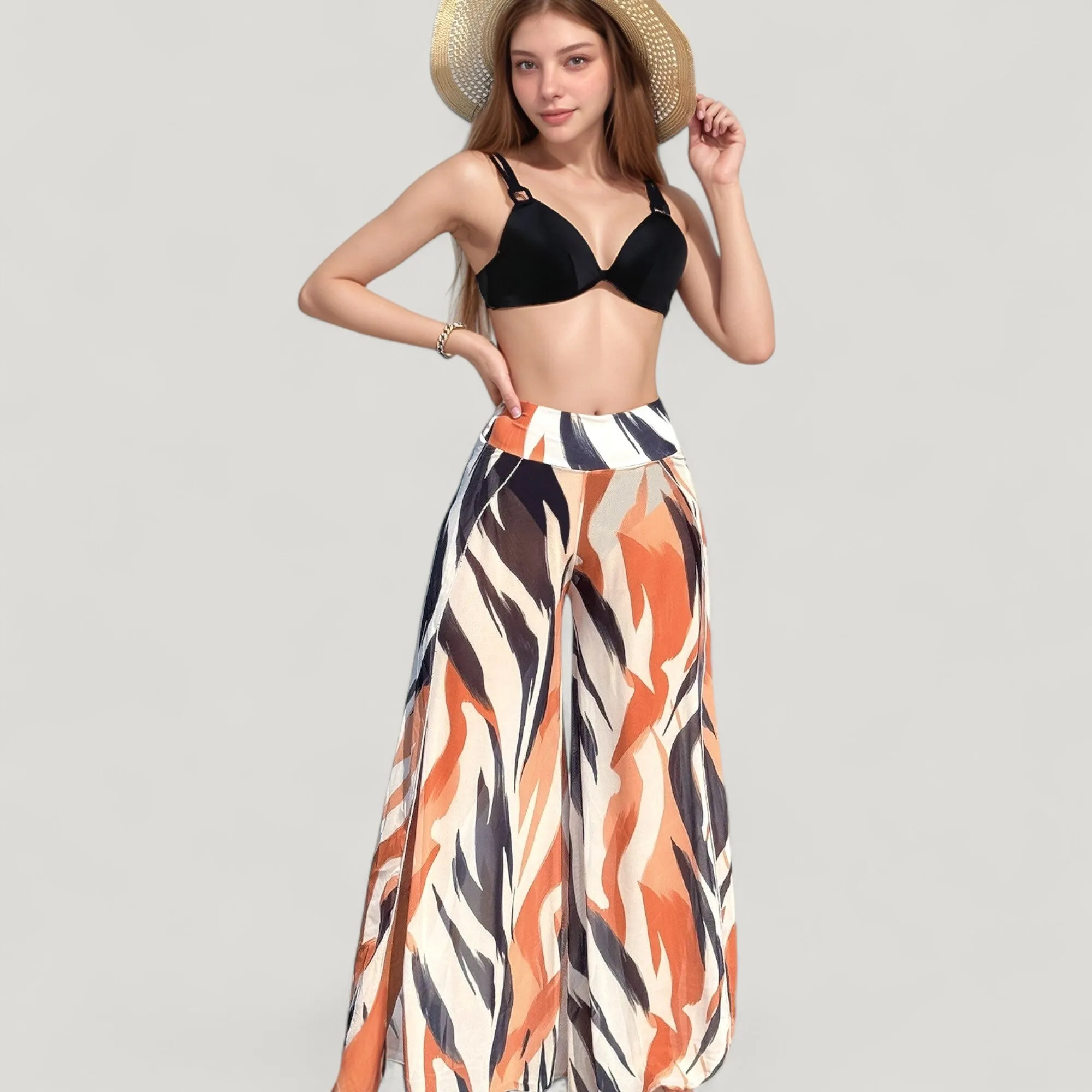 Anna-Kaci Swim Women's Three-Piece Swimsuit Set with Bikini Top High Waist Bottom and Sheer Abstract Print Wide Leg Pants sold by Anna-Kaci product image thumbnail 2