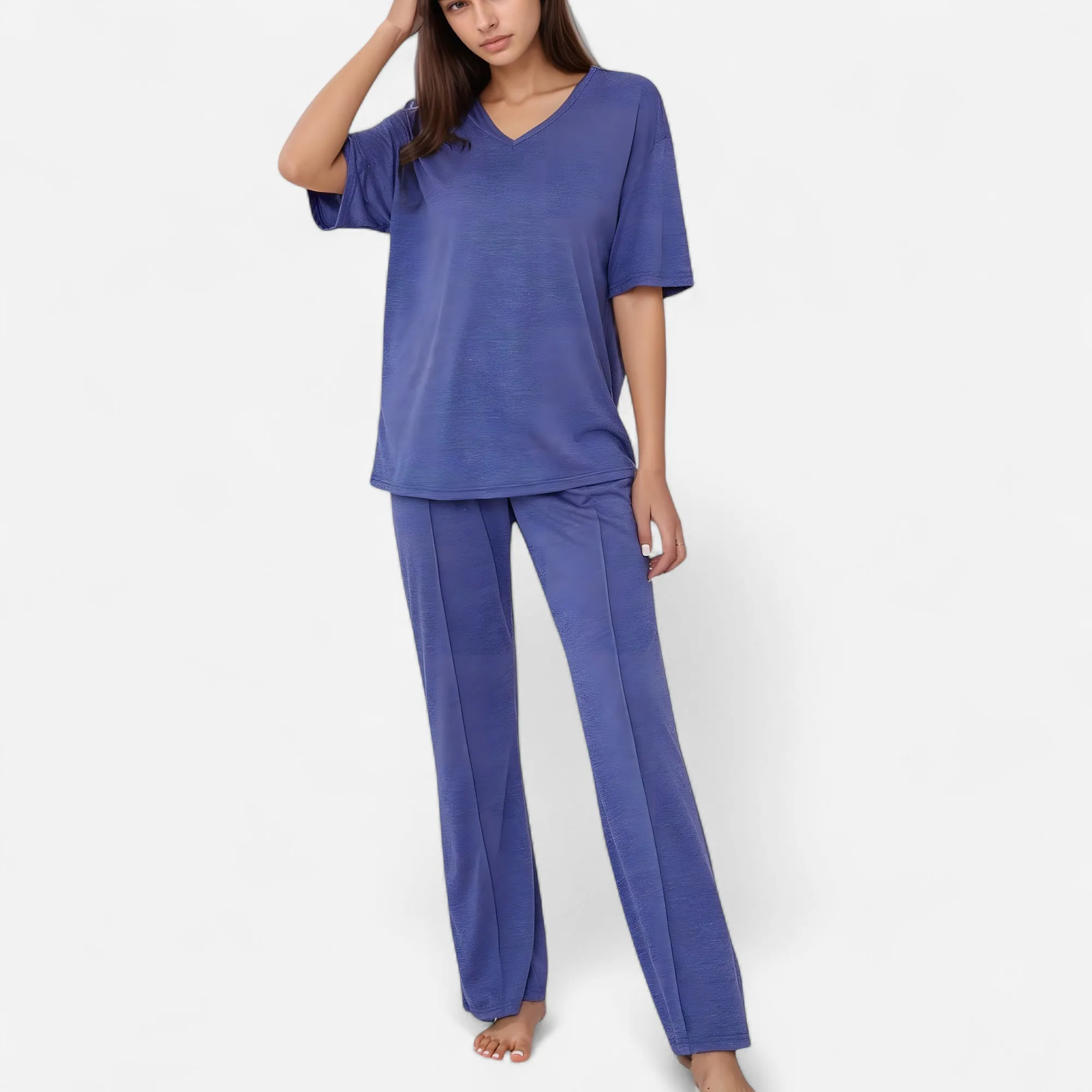 Anna-Kaci Lounge Women's Short Sleeve V-Neck Pajama Set with Relaxed Fit Knit Top and Wide Leg Lounge Pants sold by Anna-Kaci