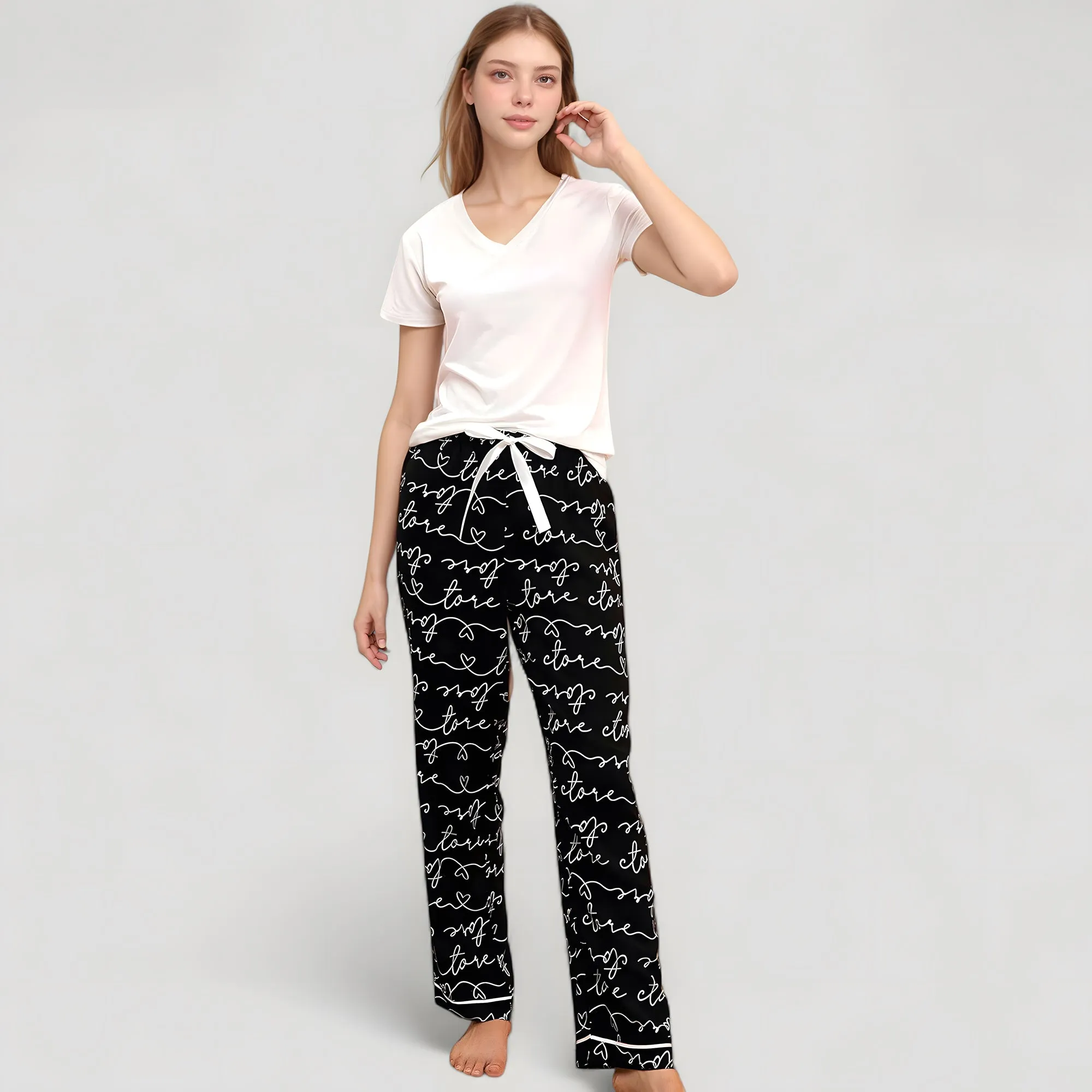 Anna-Kaci Women's Short Sleeve V-Neck Pajama Set with Script Print Lounge Pants and Drawstring Waistband sold by Anna-Kaci product image thumbnail 2