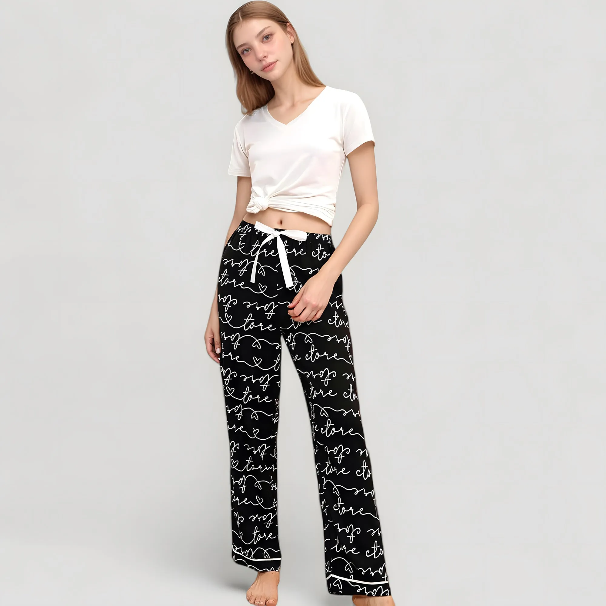 Anna-Kaci Women's Short Sleeve V-Neck Pajama Set with Script Print Lounge Pants and Drawstring Waistband sold by Anna-Kaci product image thumbnail 3