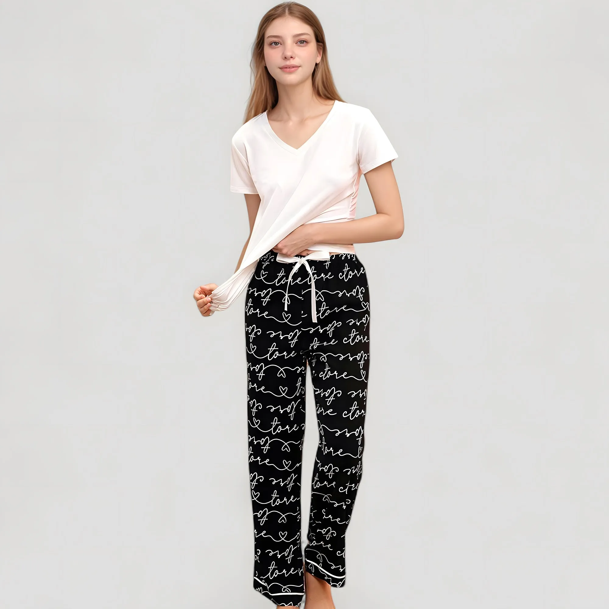 Anna-Kaci Women's Short Sleeve V-Neck Pajama Set with Script Print Lounge Pants and Drawstring Waistband sold by Anna-Kaci product image thumbnail 4
