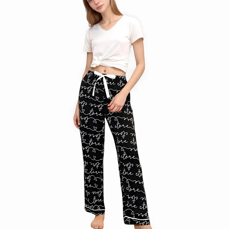 Anna-Kaci Women's Short Sleeve V-Neck Pajama Set with Script Print Lounge Pants and Drawstring Waistband sold by Anna-Kaci