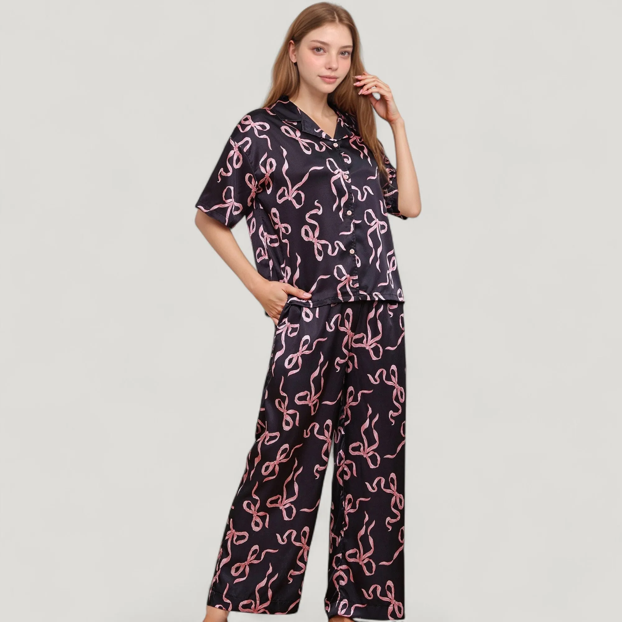 Anna-Kaci Lounge Women's Satin Button-Up Pajama Set with Short Sleeve Notch Collar Top and Wide Leg Pants in Ribbon Print sold by Anna-Kaci product image thumbnail 3