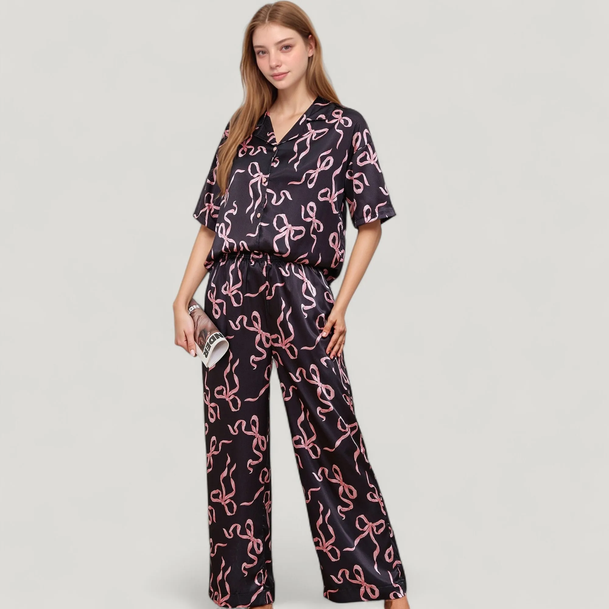 Anna-Kaci Lounge Women's Satin Button-Up Pajama Set with Short Sleeve Notch Collar Top and Wide Leg Pants in Ribbon Print sold by Anna-Kaci product image thumbnail 4